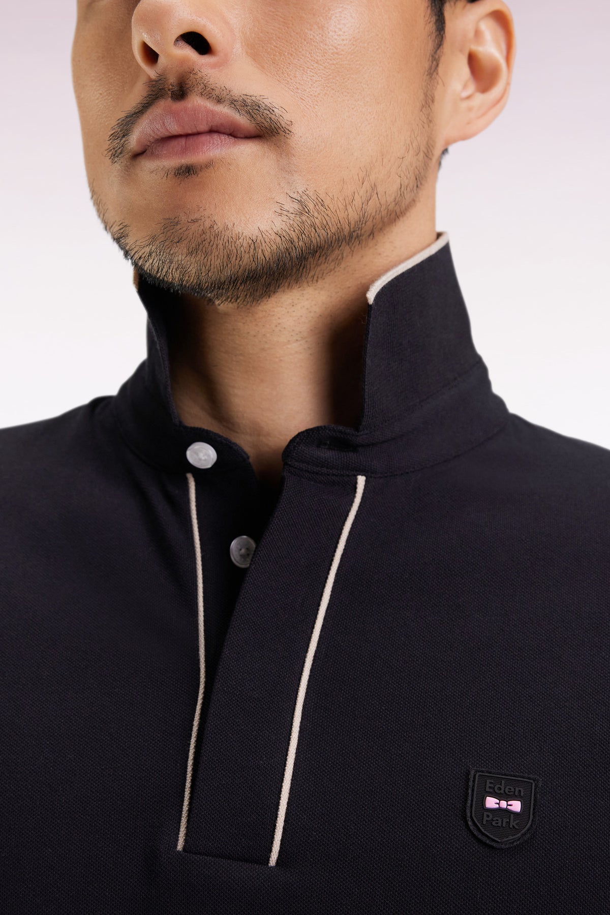 Eden Park Long-sleeved polo shirt in black stretch cotton with slim fit