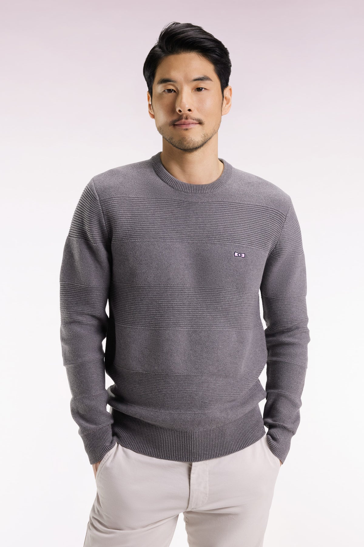 Eden Park Grey cotton round-neck sweater with stripe effect