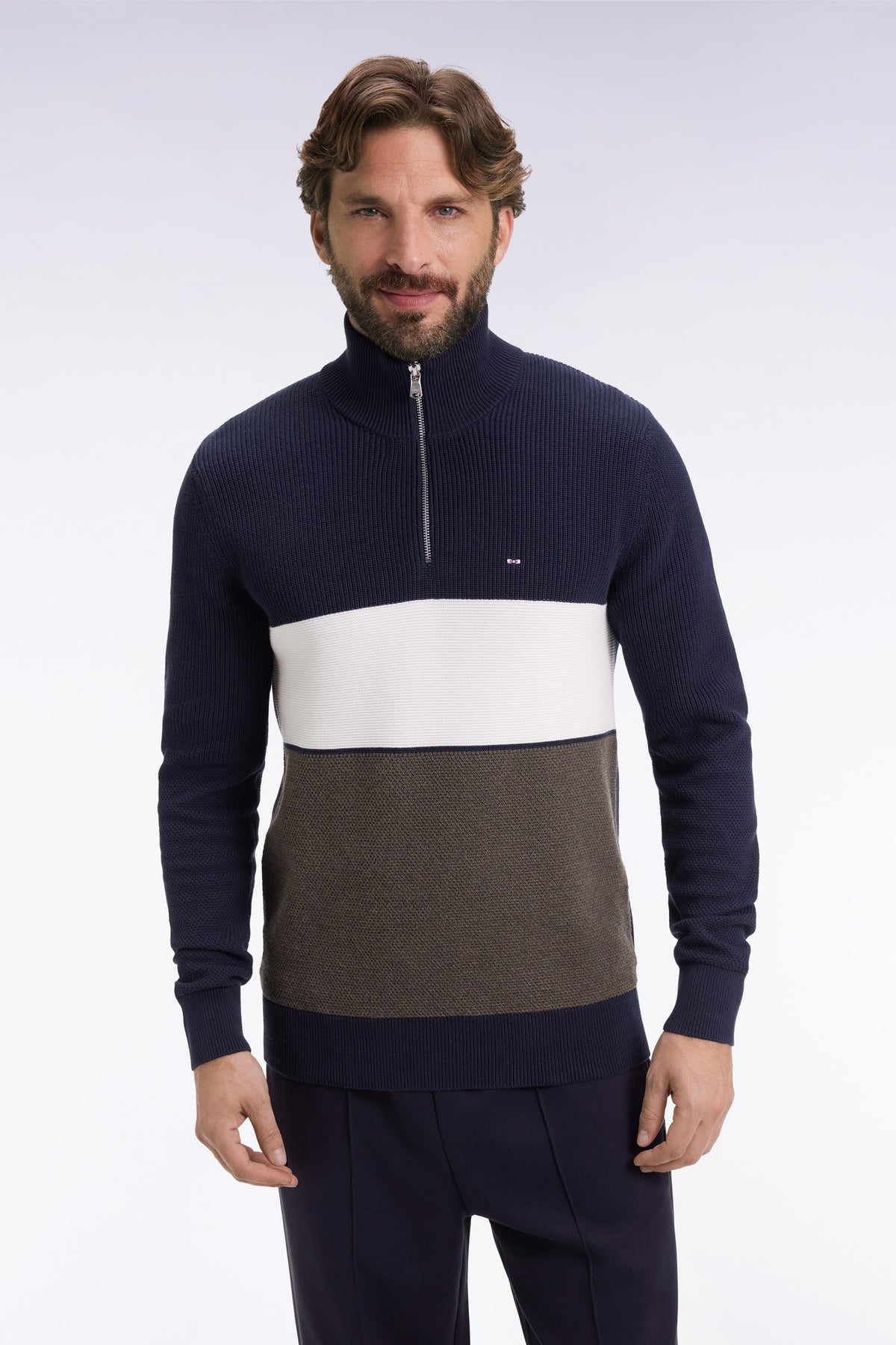 Eden Park Brown and navy cotton trucker collar sweater with stripe effect