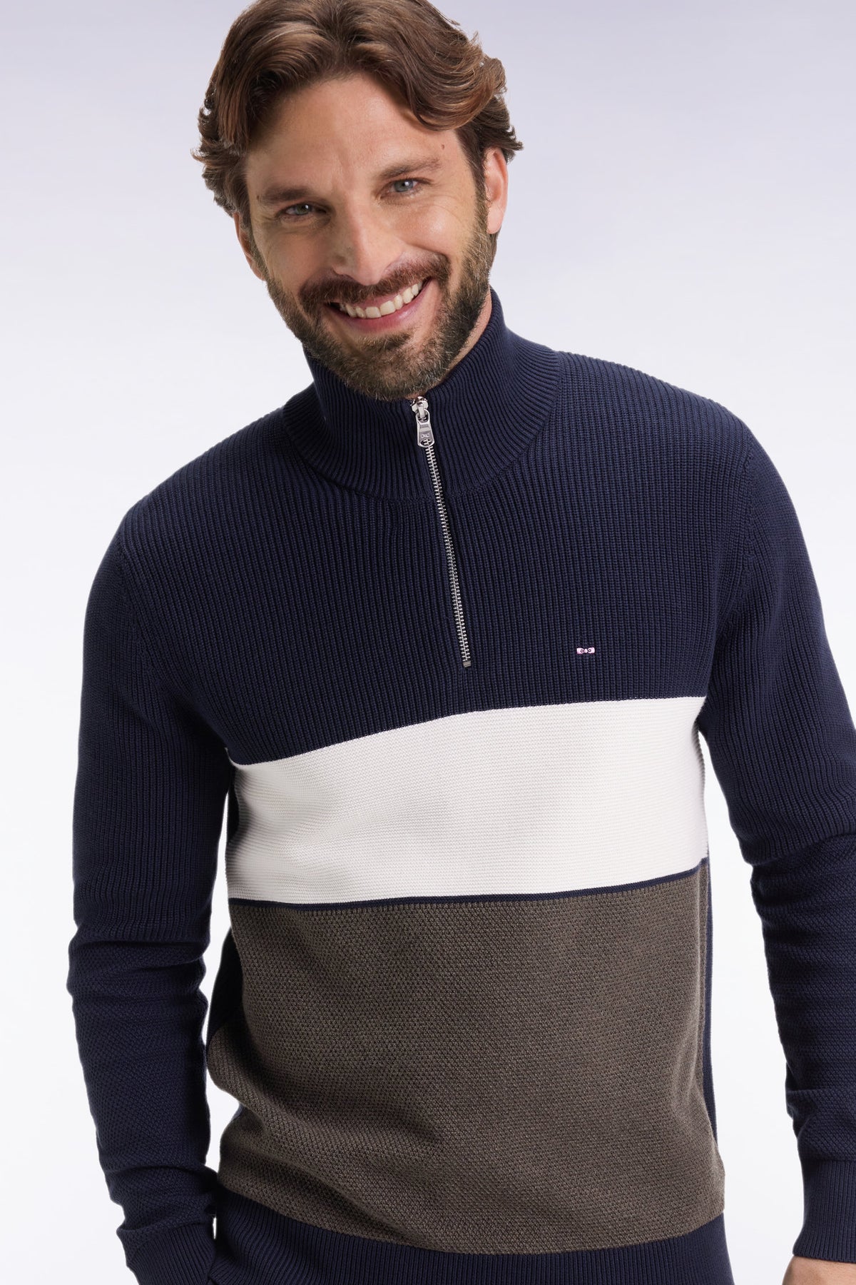 Eden Park Brown and navy cotton trucker collar sweater with stripe effect