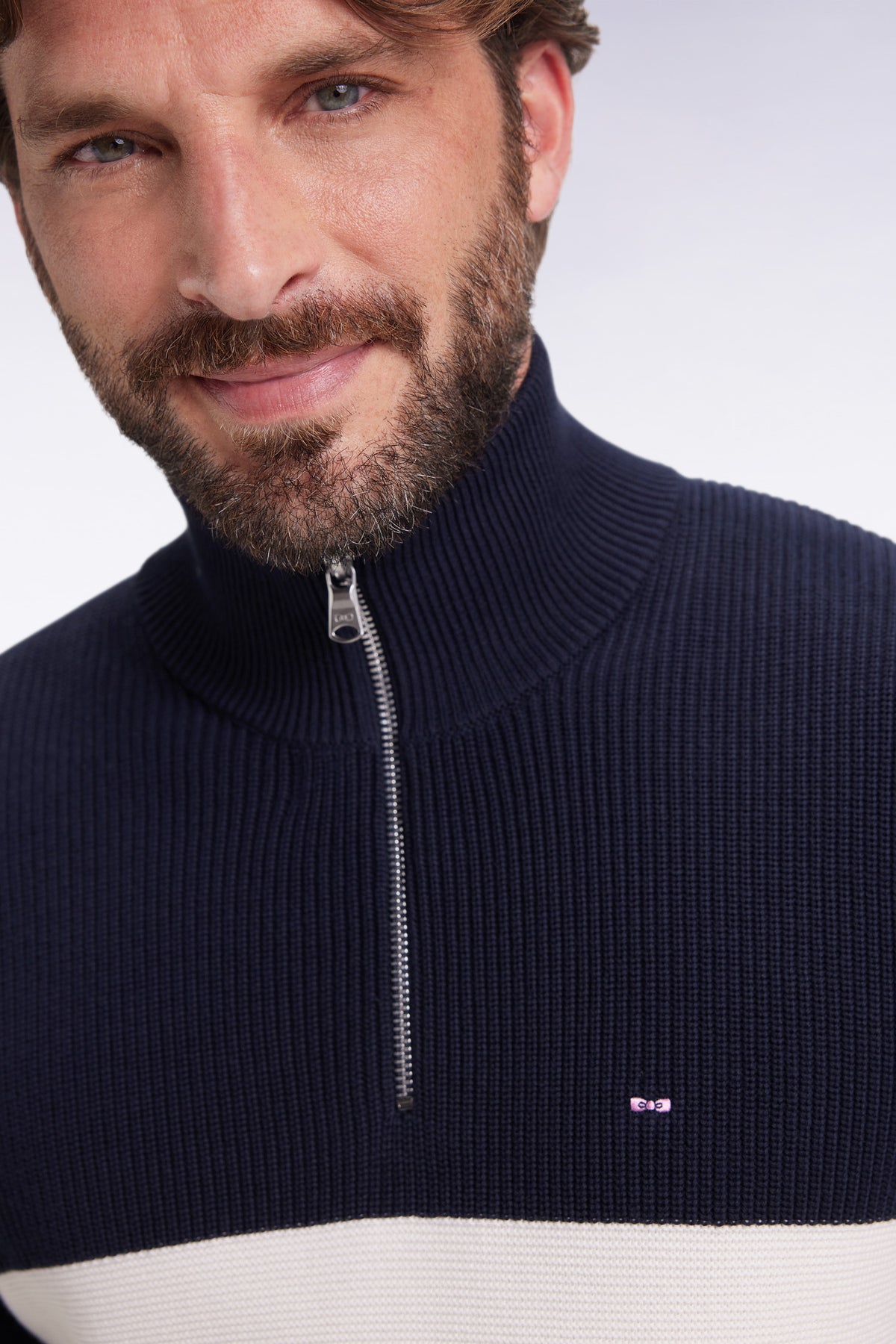 Eden Park Brown and navy cotton trucker collar sweater with stripe effect