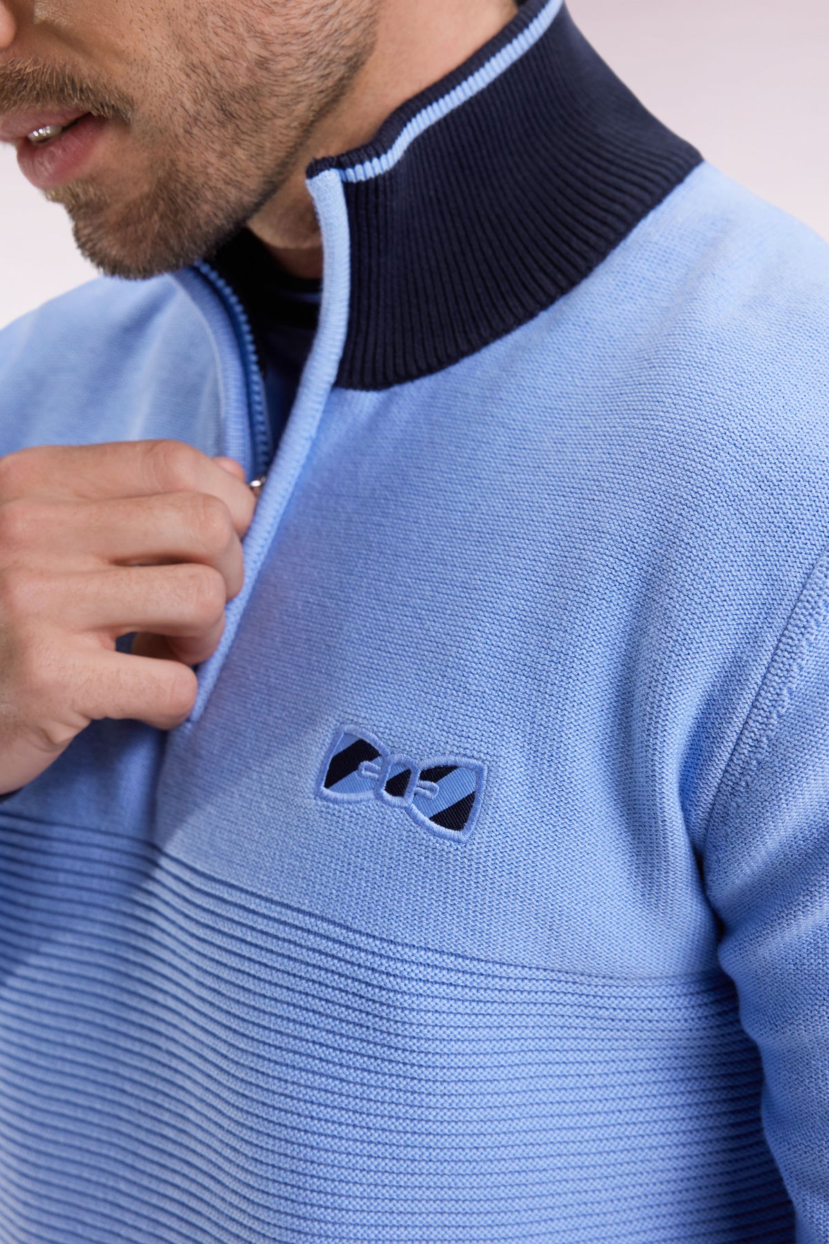Eden Park Sky cotton trucker collar sweater with bow tie