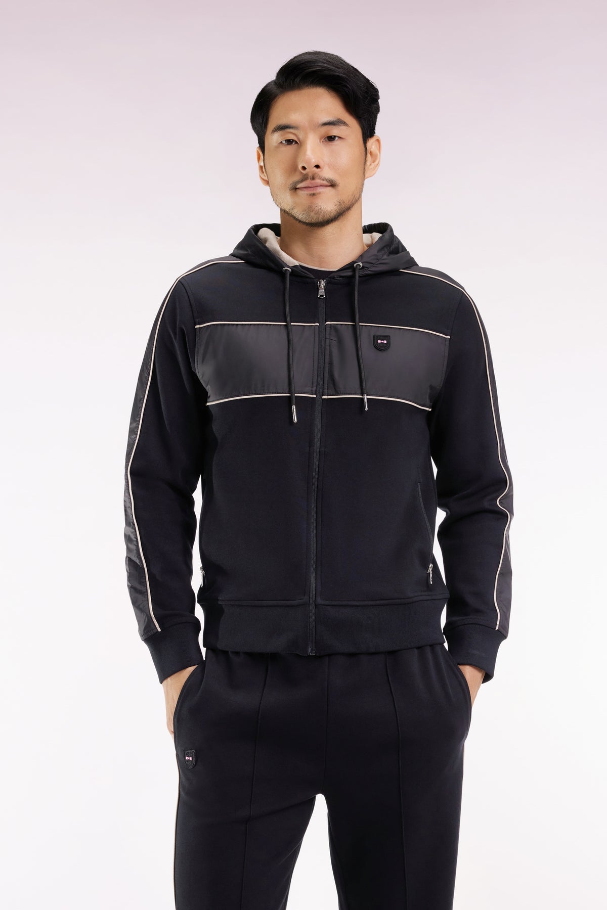 Eden Park Black and beige fleece and nylon zip-up hooded sweatshirt