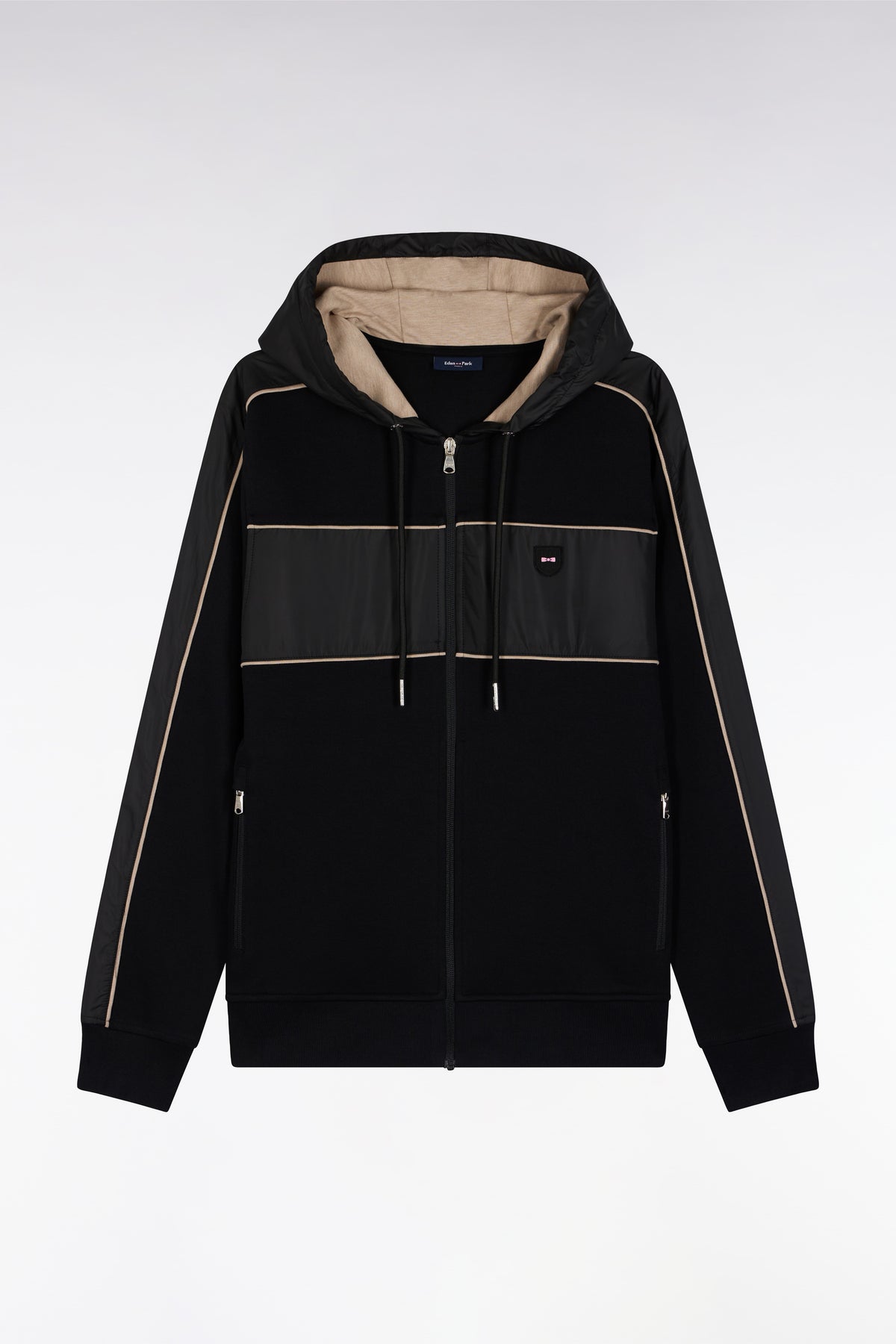 Eden Park Black and beige fleece and nylon zip-up hooded sweatshirt
