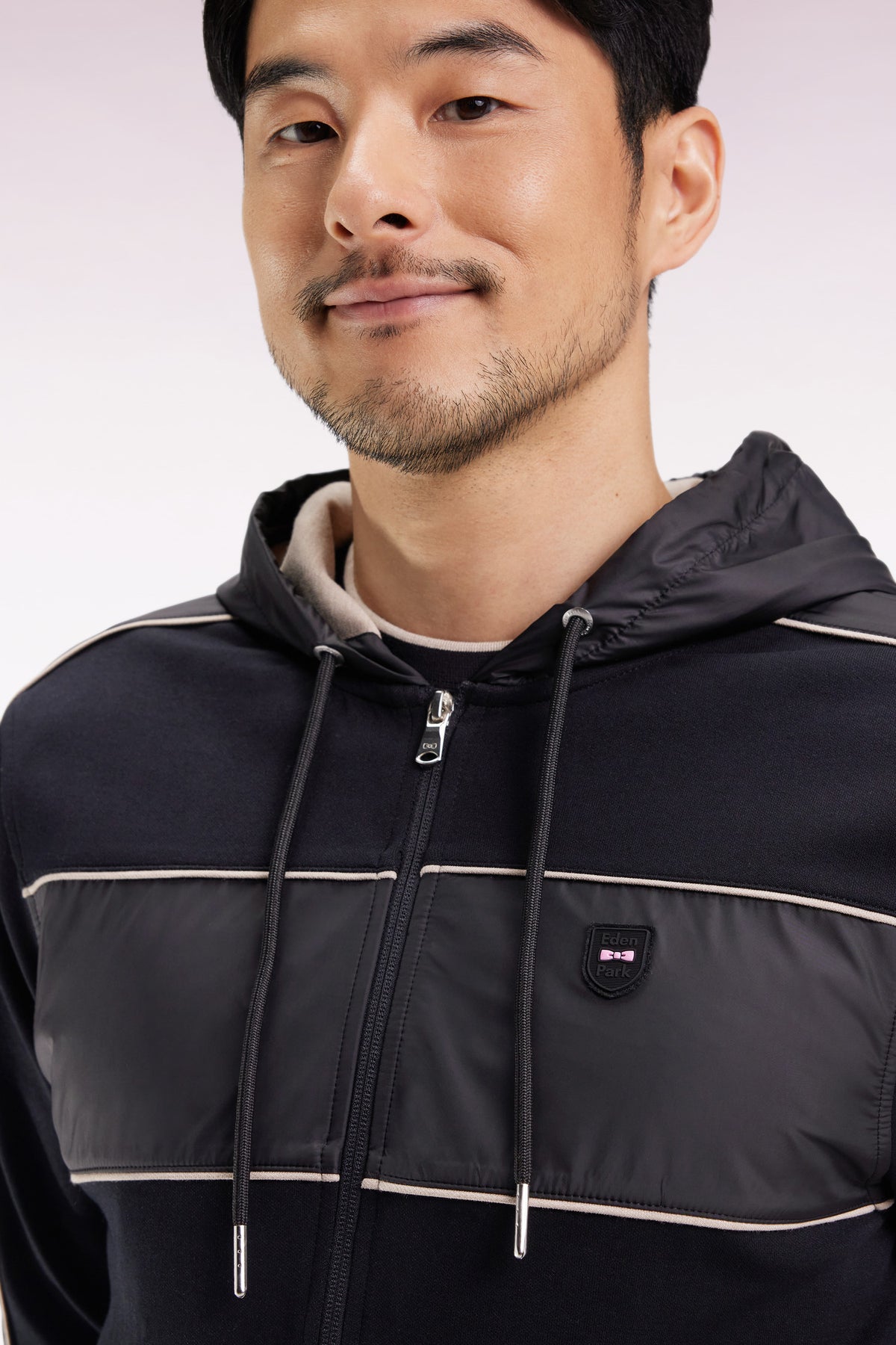 Eden Park Black and beige fleece and nylon zip-up hooded sweatshirt