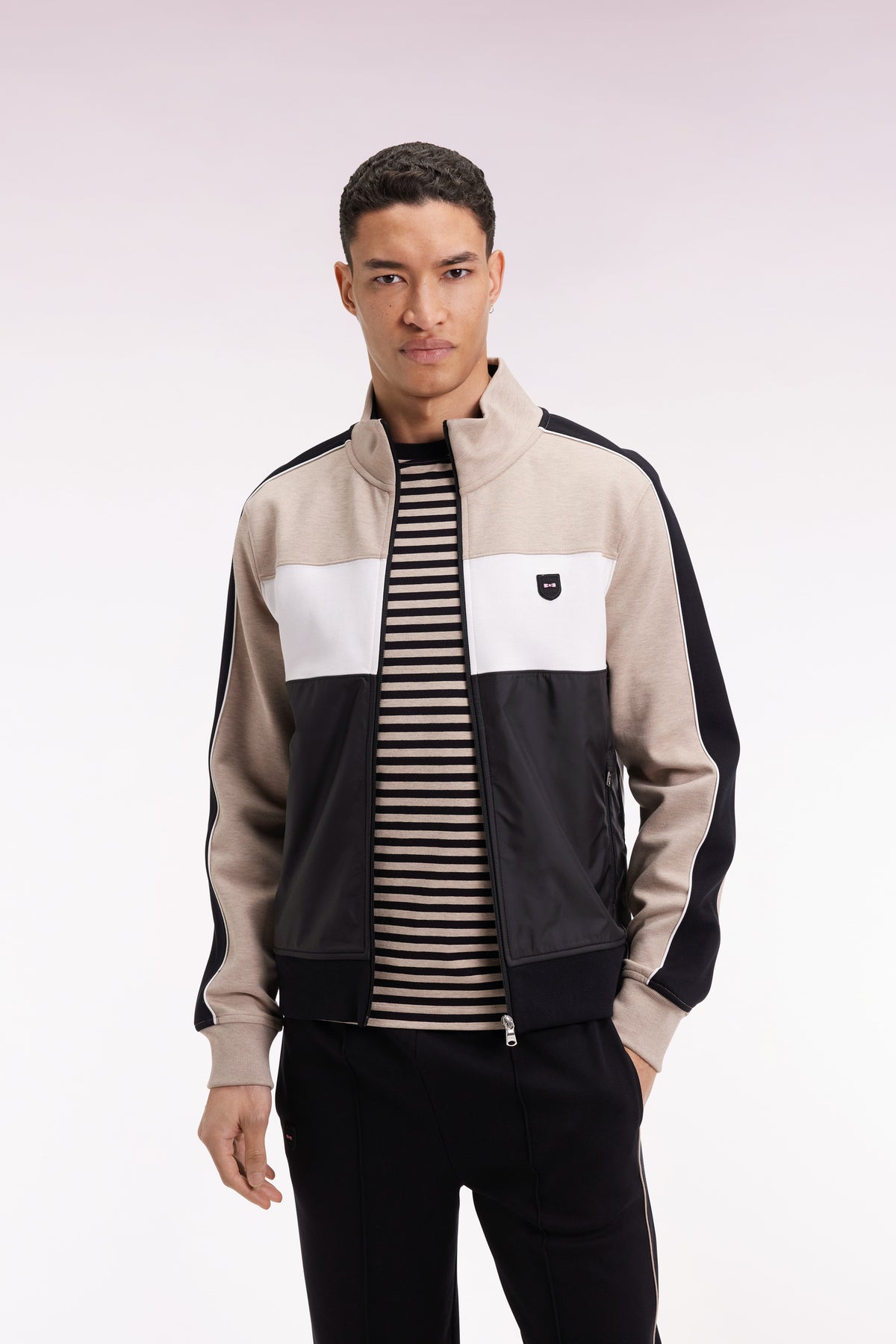 Eden Park Two-material zipped sweatshirt in beige quilted nylon