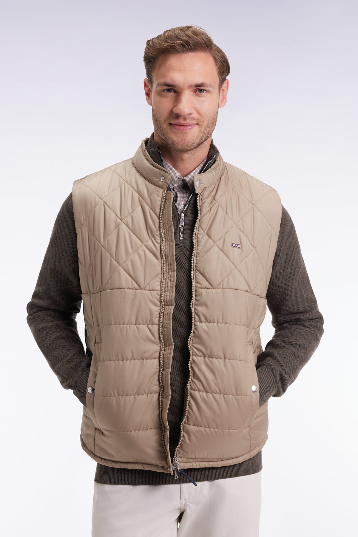 Eden Park Sleeveless down jacket with biker collar in beige quilted nylon