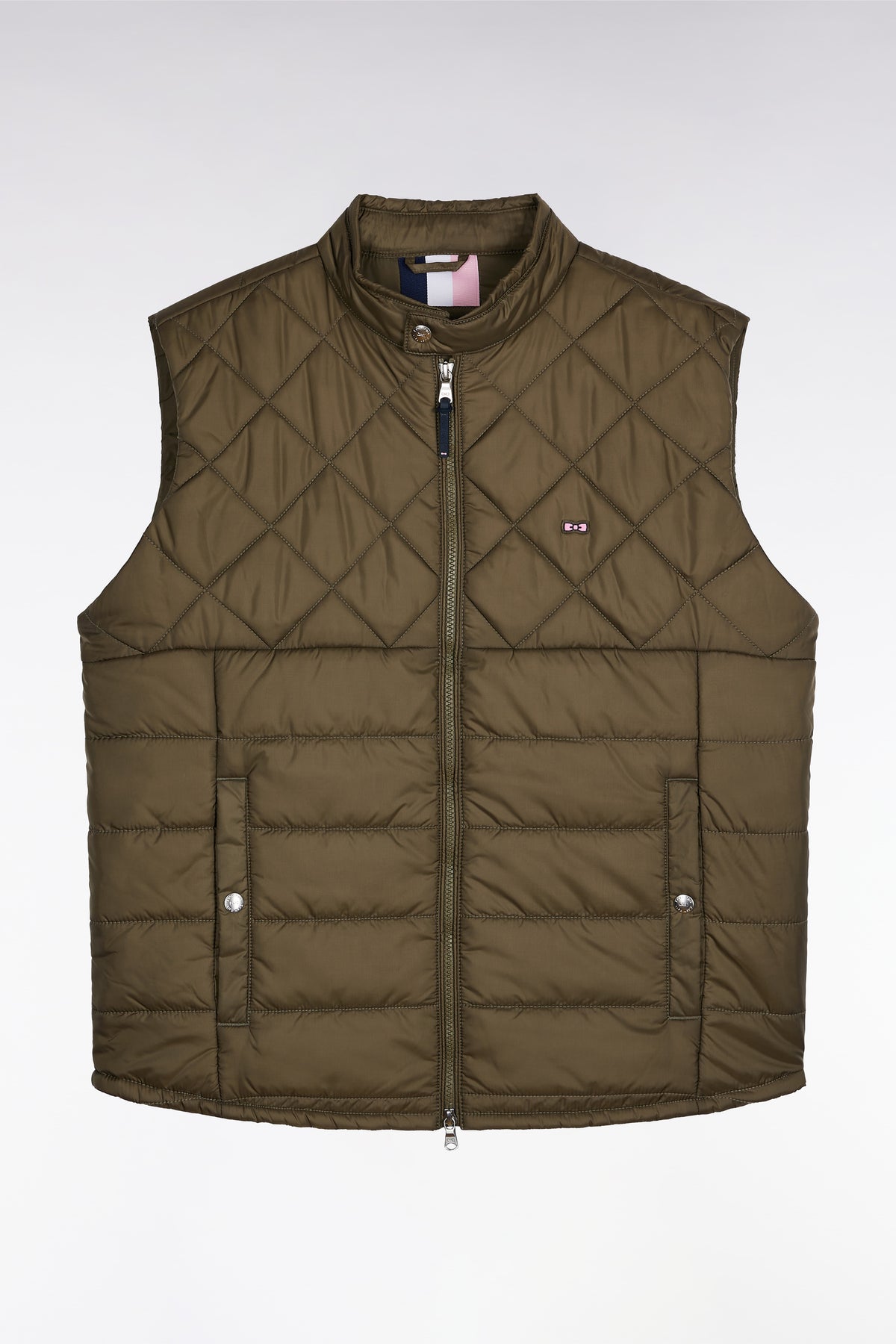 Eden Park Khaki quilted nylon sleeveless down jacket with biker collar