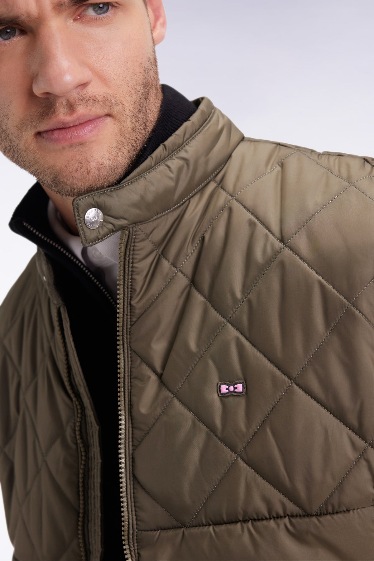 Eden Park Khaki quilted nylon sleeveless down jacket with biker collar