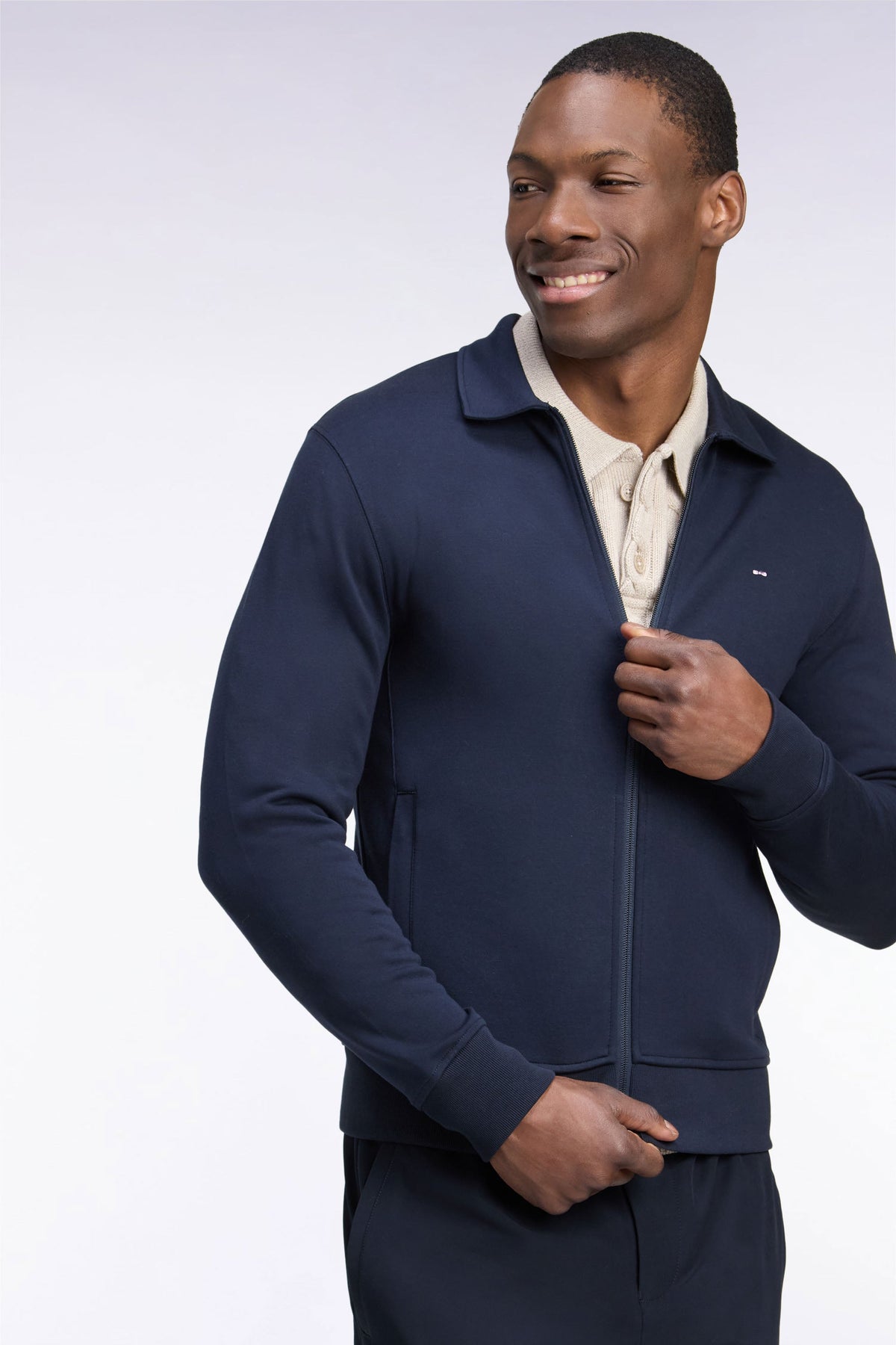 Sweatshirt zippé à col polo en coton marine coupe droite