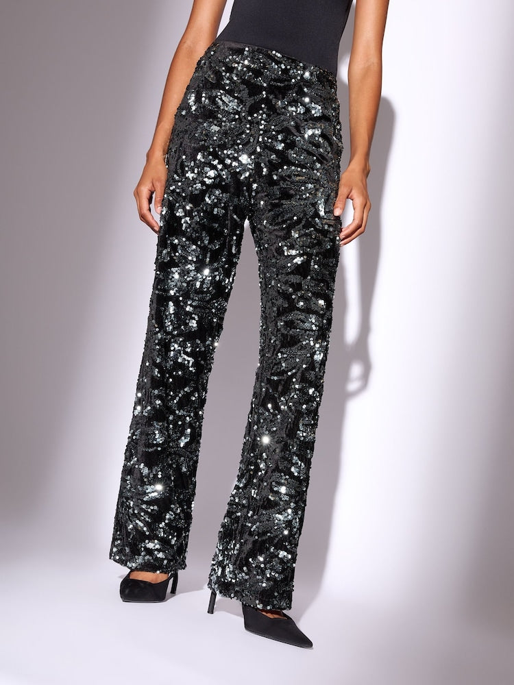 Lipsy London Lipsy Black Velvet Floral Sequin Trousers
