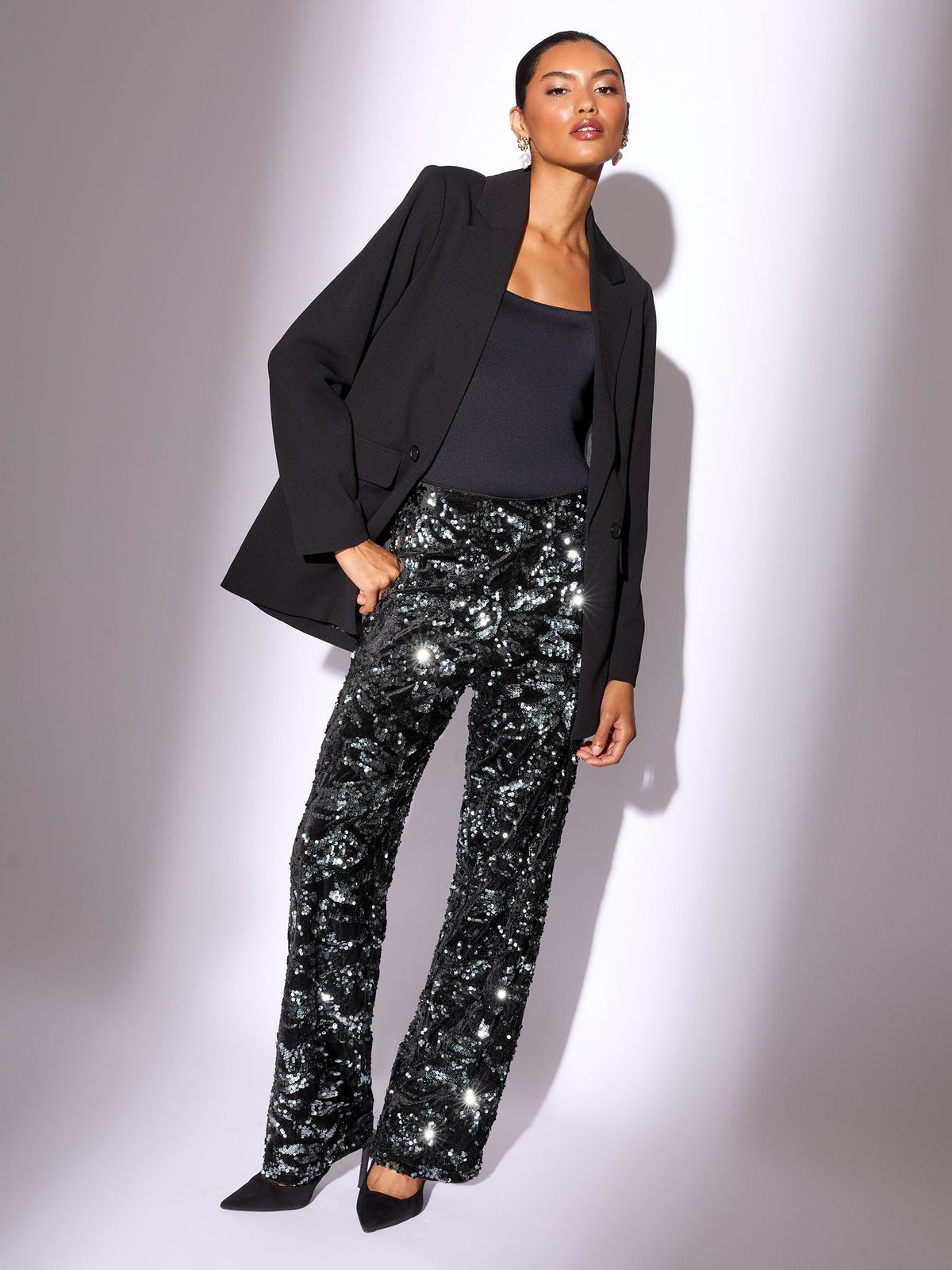 Lipsy London Lipsy Black Velvet Floral Sequin Trousers