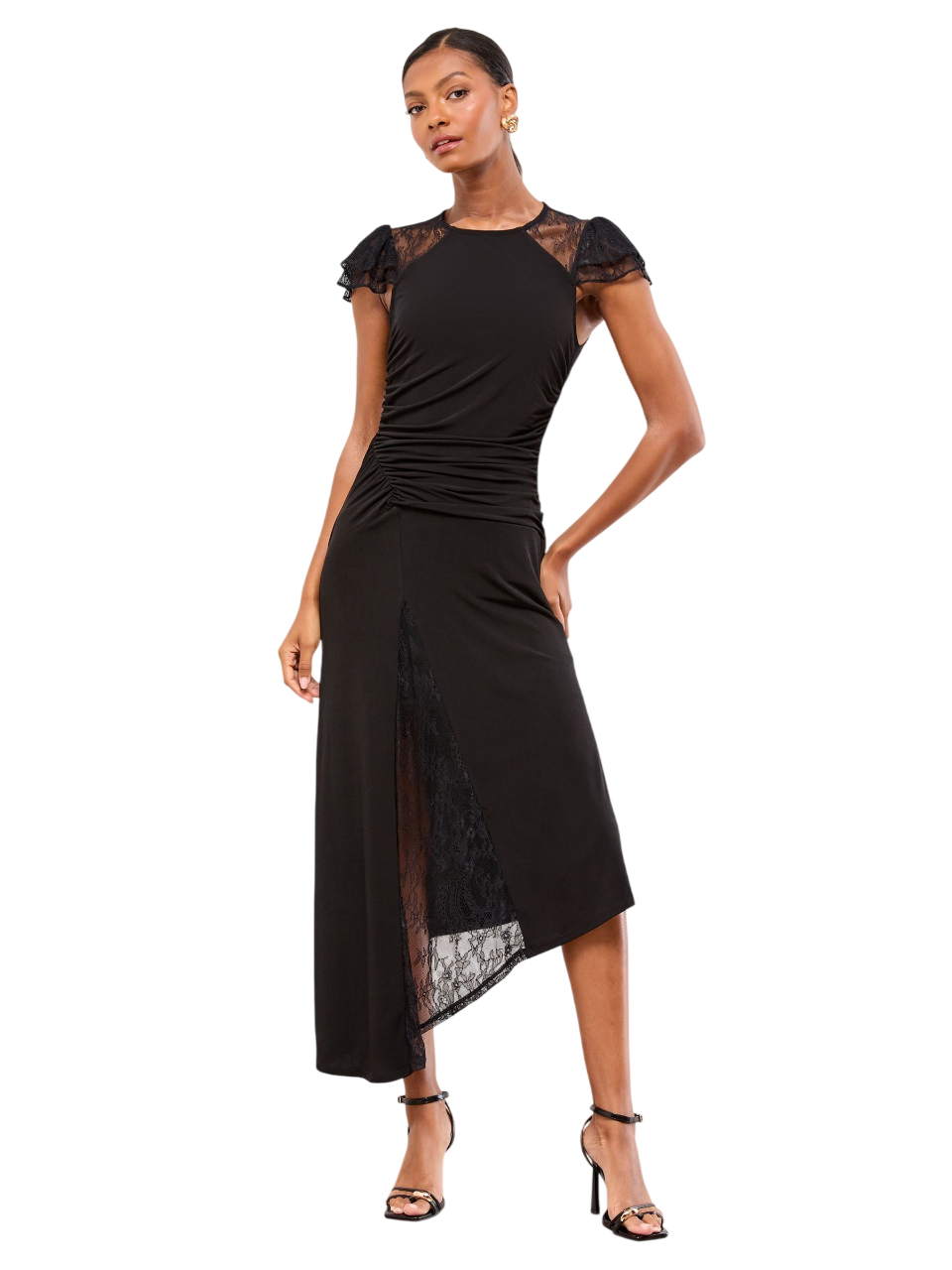 Lipsy London Lipsy Black Lace Insert Ruched Asymmetrical Fit And Flare Midi Dress