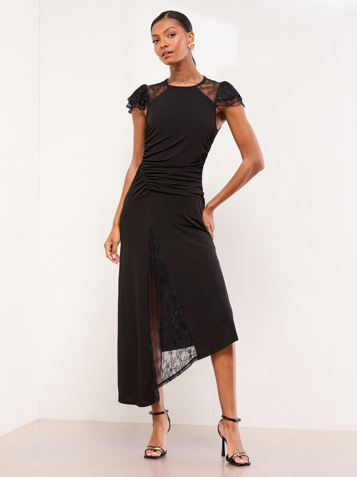 Lipsy London Lipsy Black Lace Insert Ruched Asymmetrical Fit And Flare Midi Dress