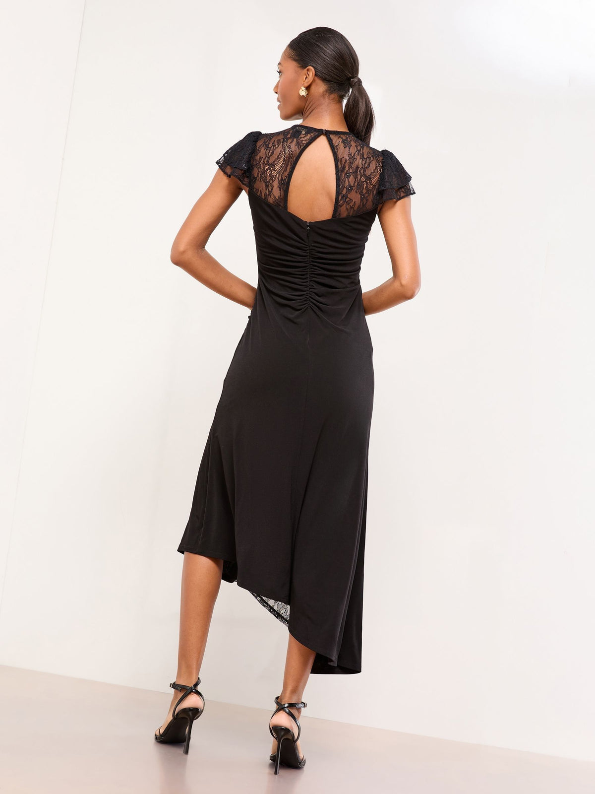 Lipsy London Lipsy Black Lace Insert Ruched Asymmetrical Fit And Flare Midi Dress
