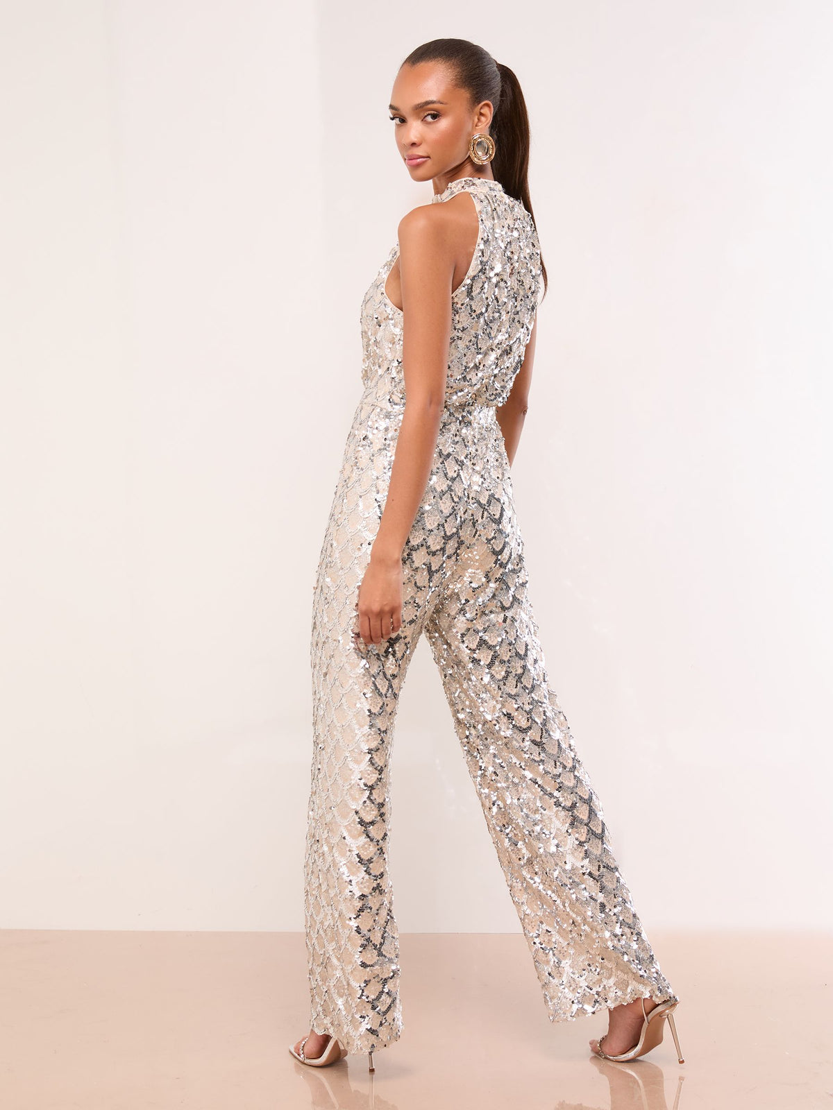 Lipsy Silver Sequin Halter Wide Leg Jumpsuit