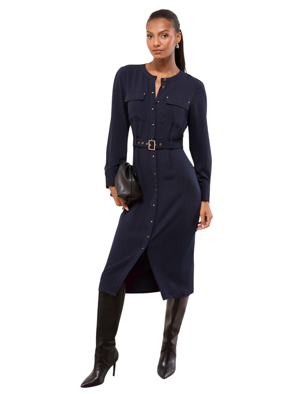 Lipsy London Lipsy Navy Blue Grandad Collar Belted Midi Button Through Shirt Dress