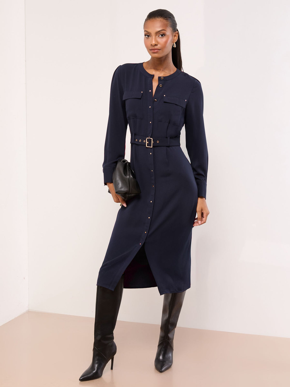 Lipsy London Lipsy Navy Blue Grandad Collar Belted Midi Button Through Shirt Dress