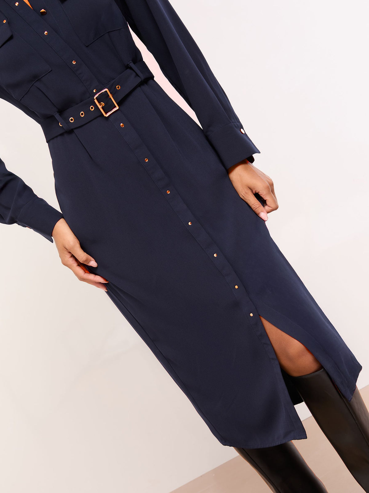 Lipsy London Lipsy Navy Blue Grandad Collar Belted Midi Button Through Shirt Dress