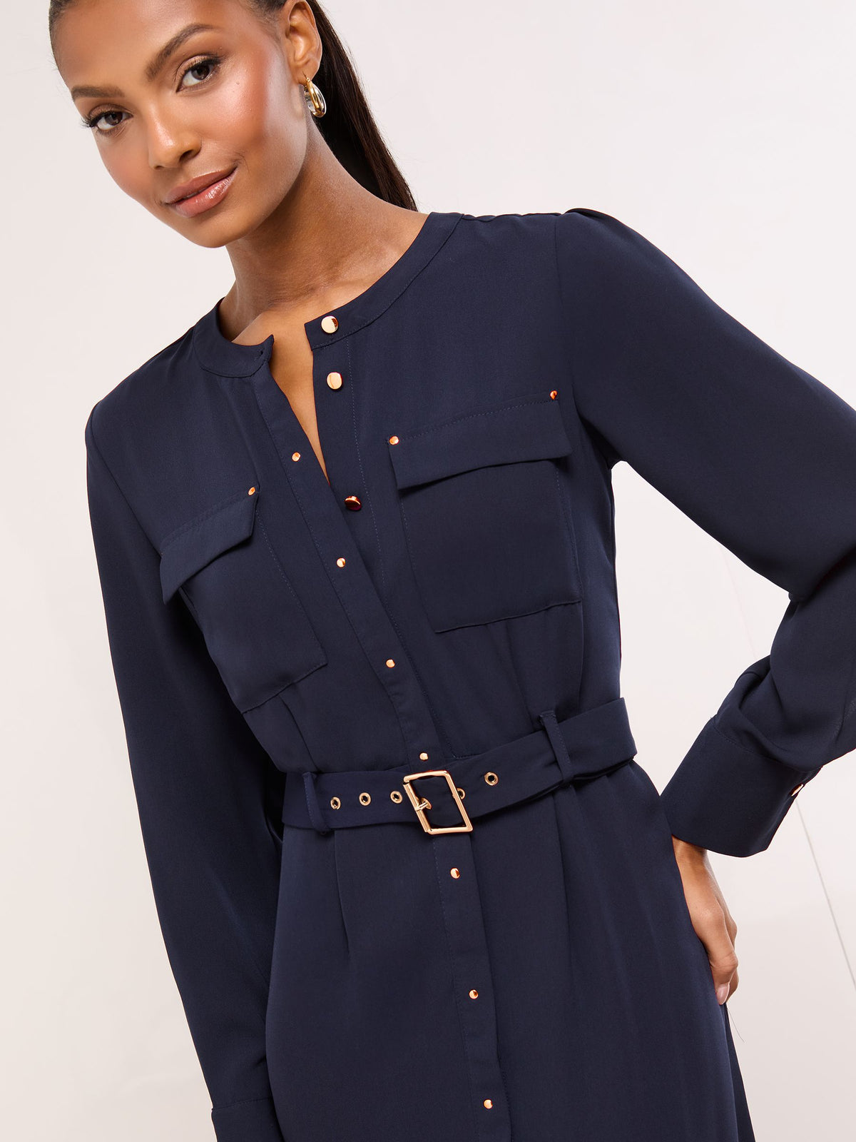 Lipsy London Lipsy Navy Blue Grandad Collar Belted Midi Button Through Shirt Dress