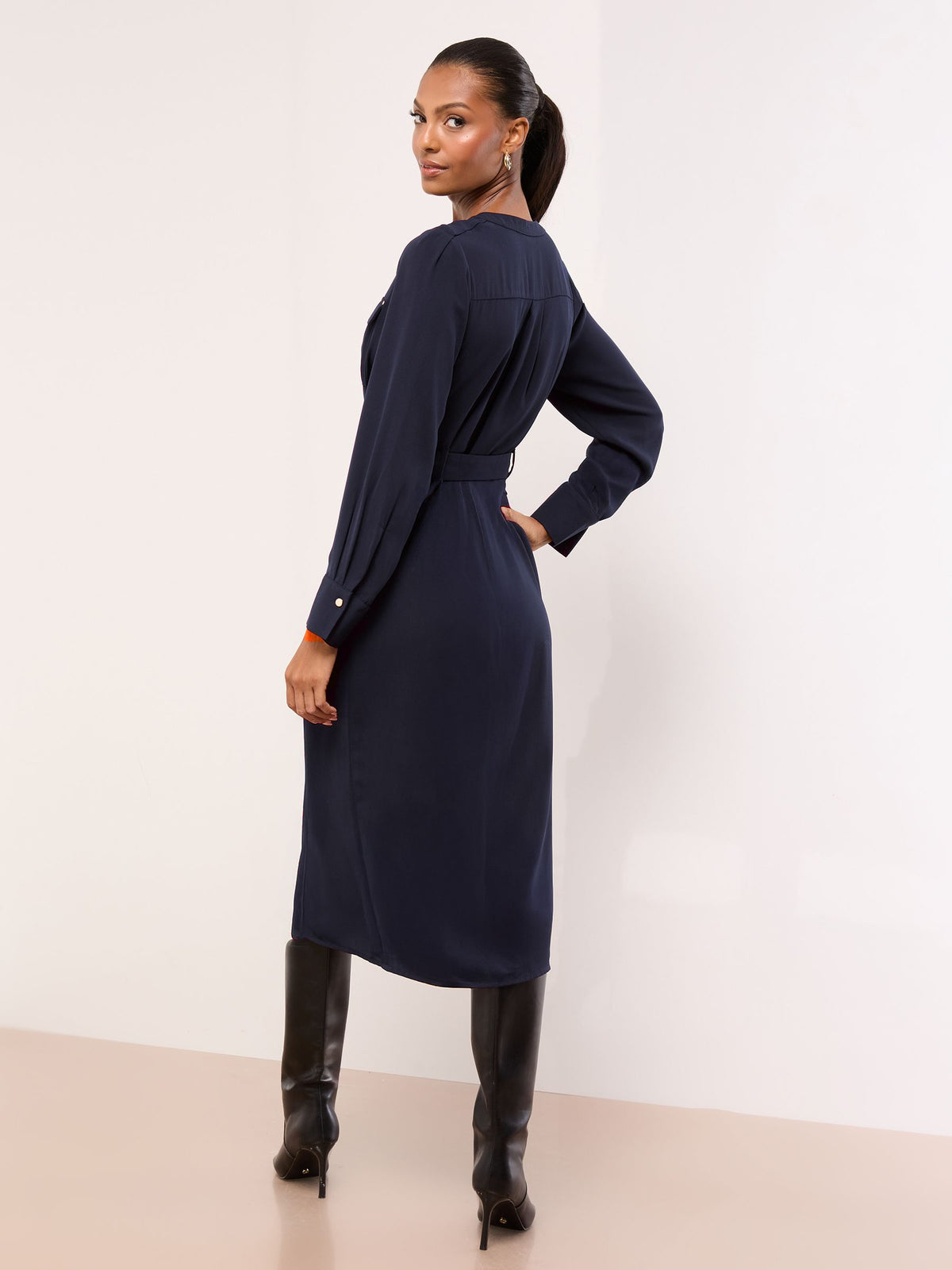 Lipsy London Lipsy Navy Blue Grandad Collar Belted Midi Button Through Shirt Dress