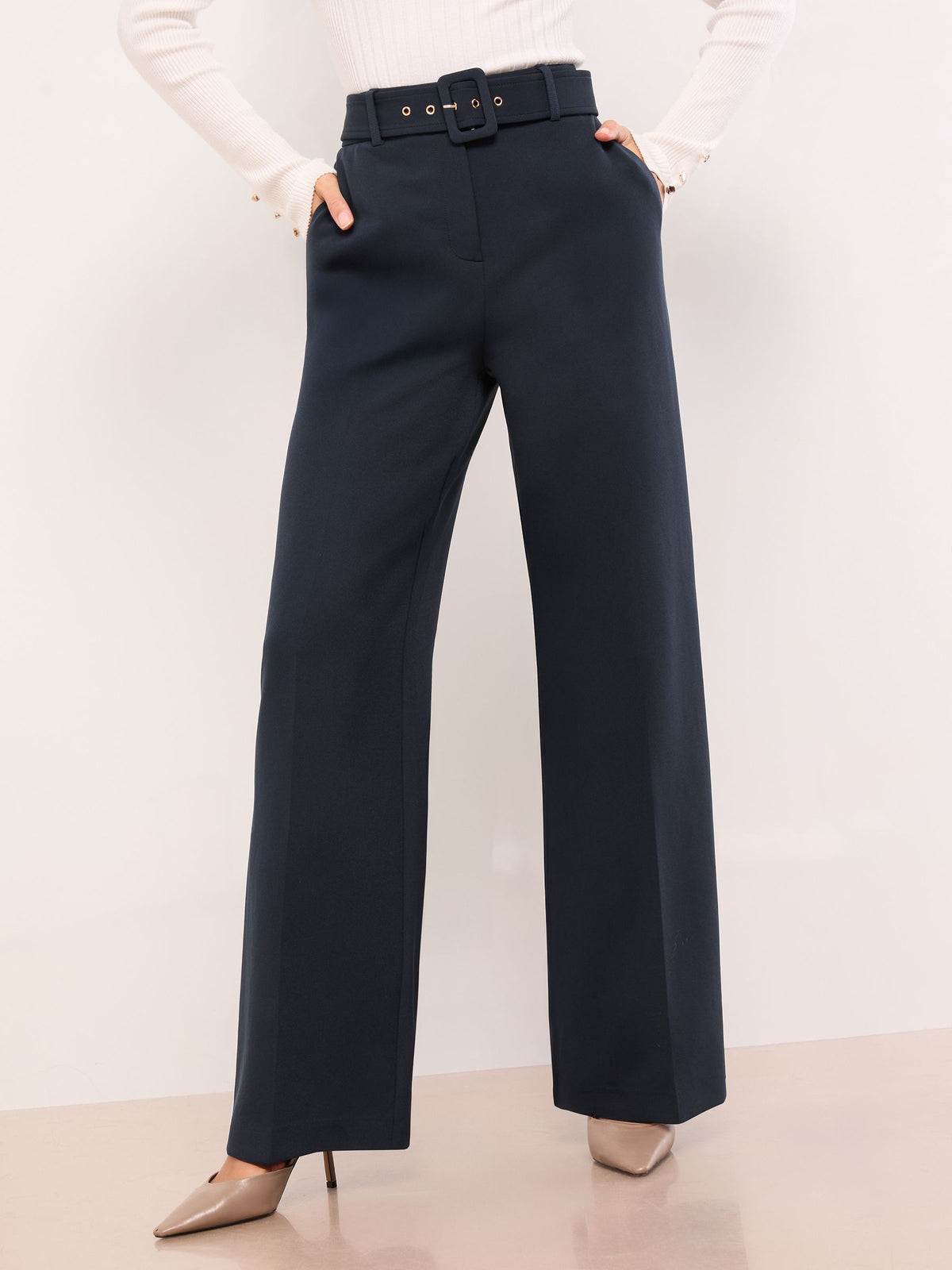 Lipsy London Lipsy Navy Blue Belted Tailored Wide Leg Trousers