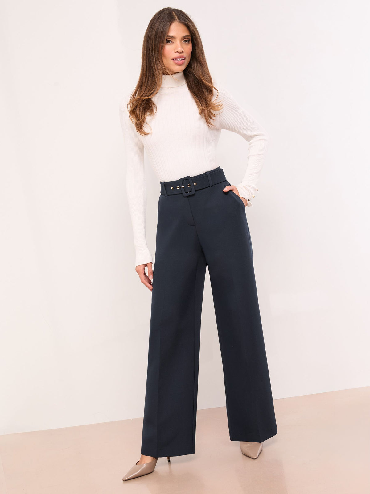 Lipsy London Lipsy Navy Blue Belted Tailored Wide Leg Trousers