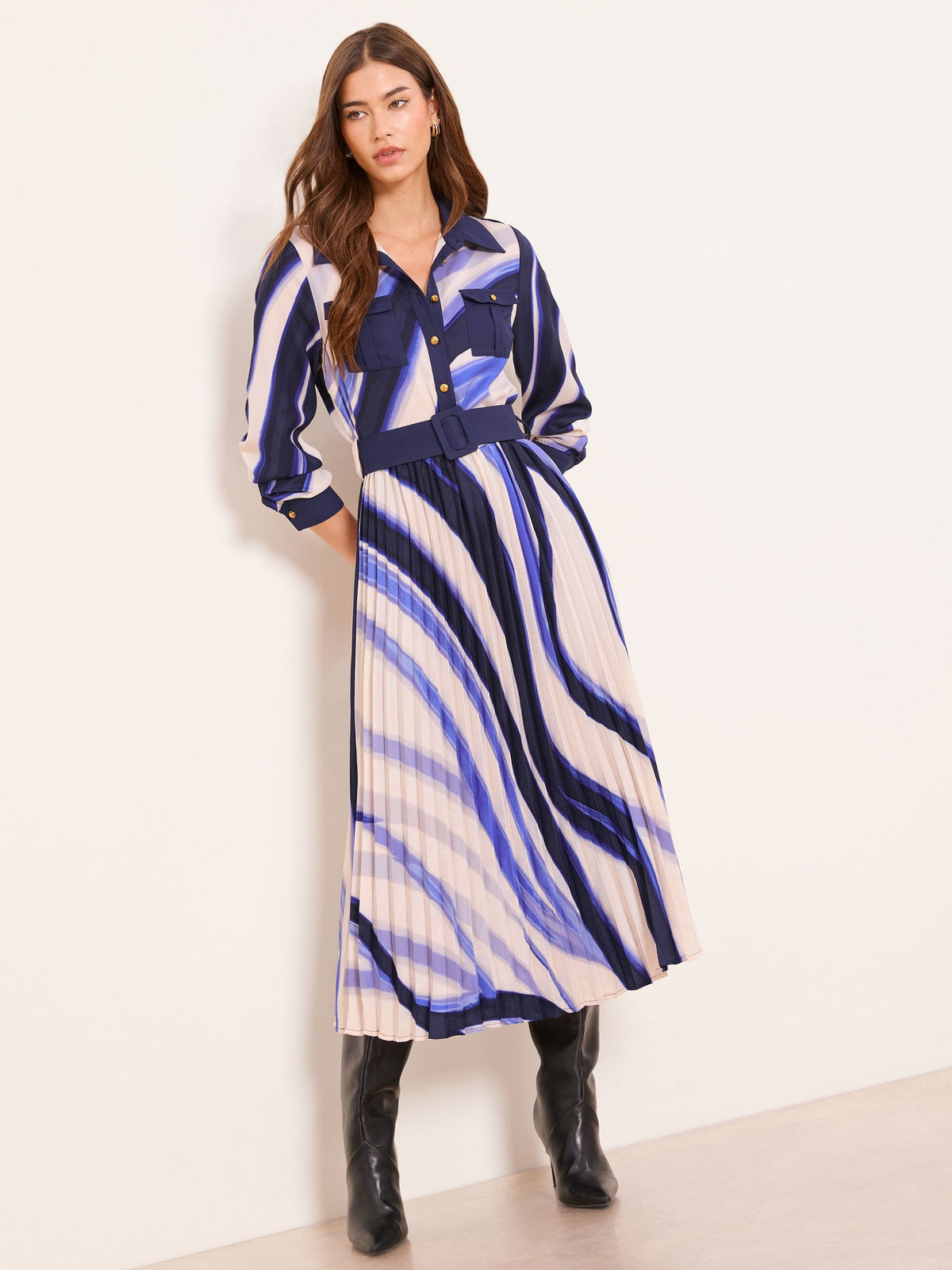 Lipsy London Lipsy Blue Woven Pleated Midi Shirt Dress