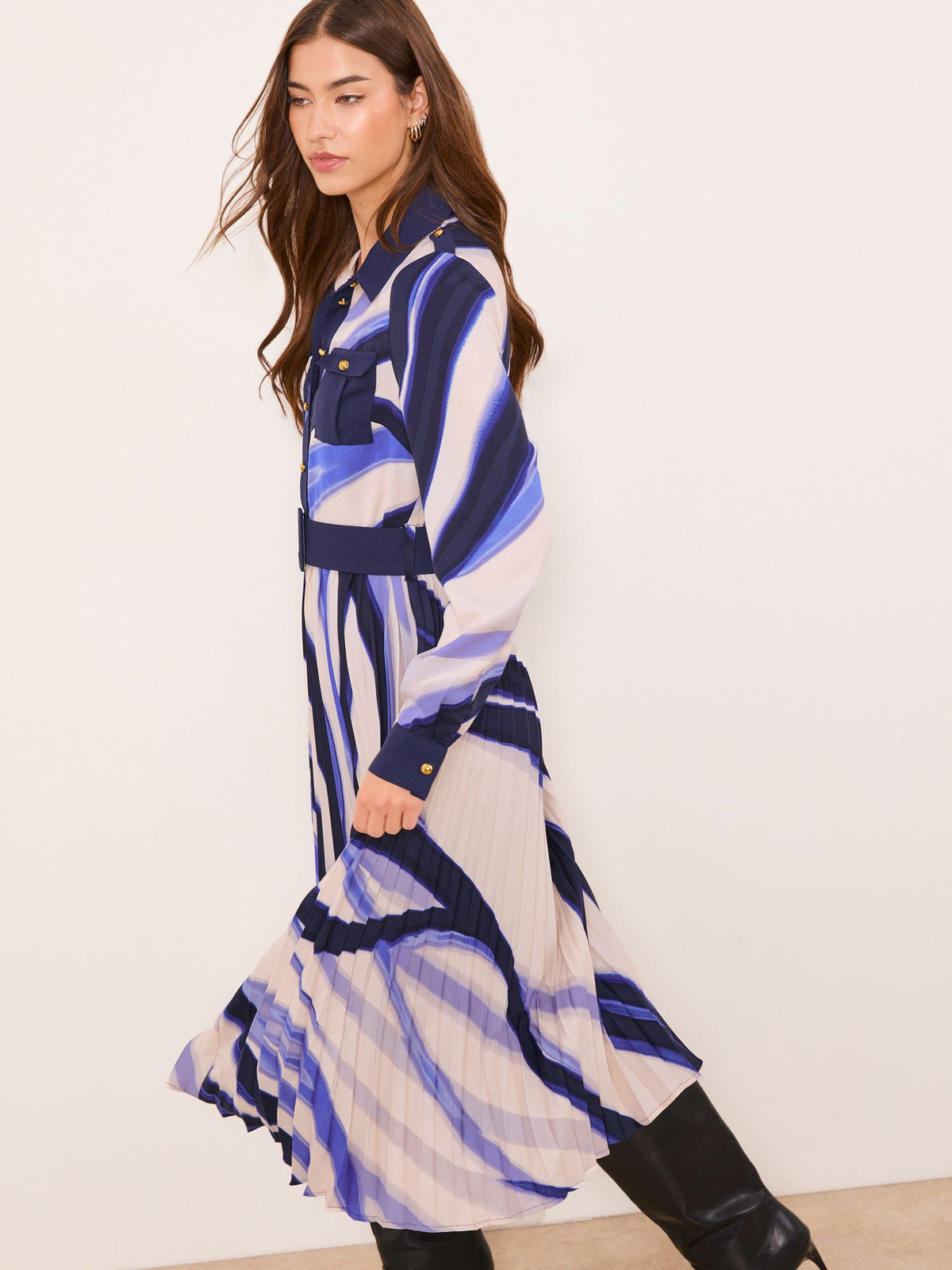 Lipsy London Lipsy Blue Woven Pleated Midi Shirt Dress