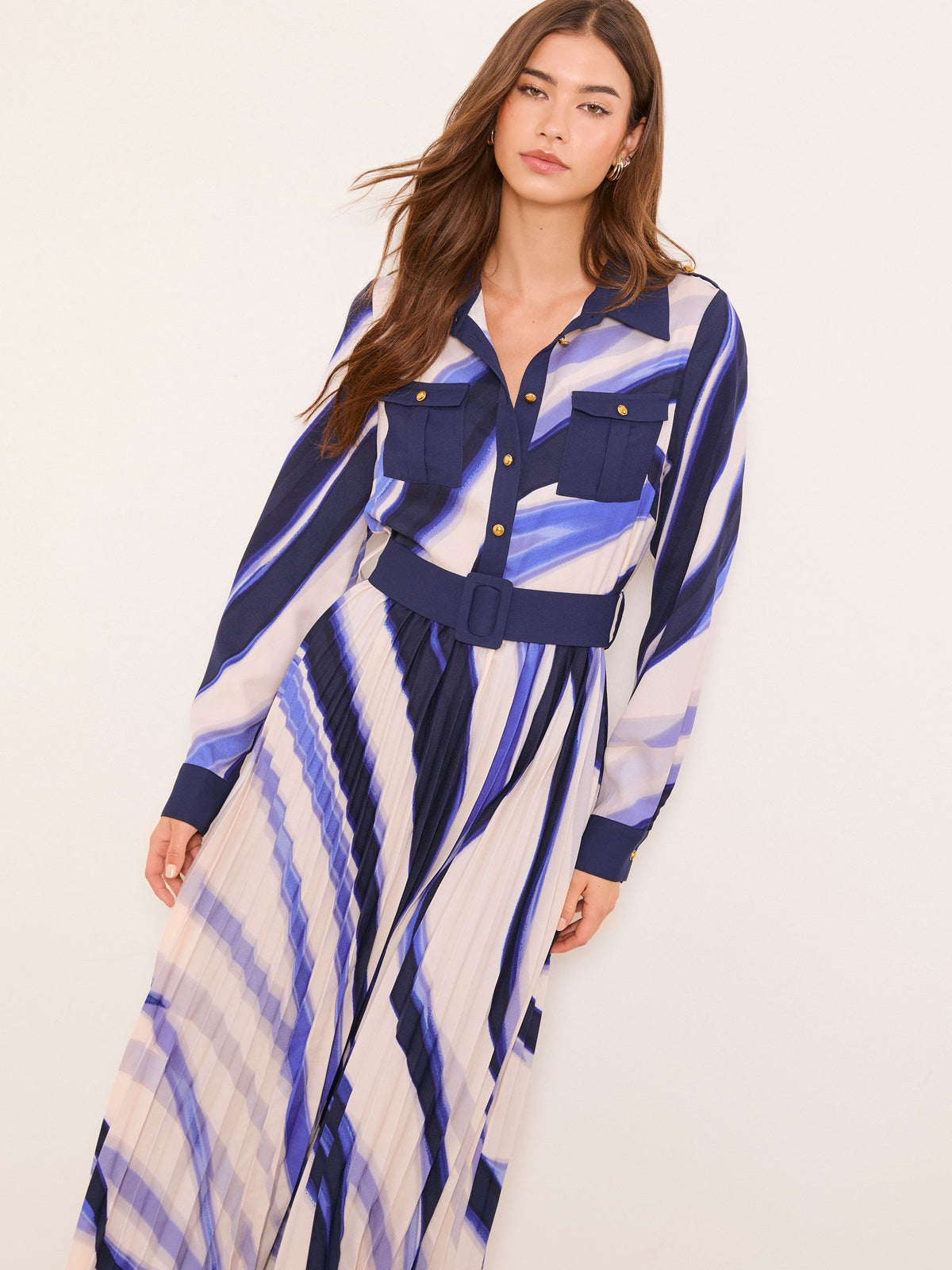 Lipsy London Lipsy Blue Woven Pleated Midi Shirt Dress