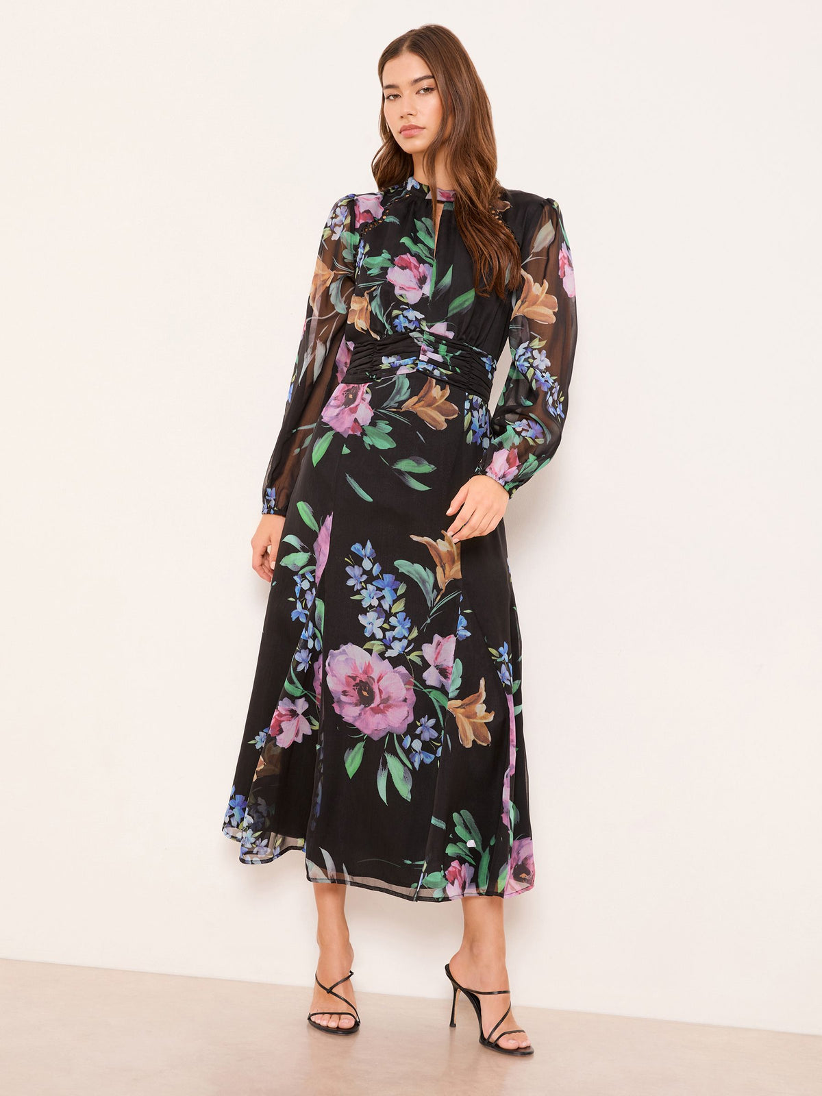 Lipsy London Lipsy Black Long Sleeve Lace Trim Ruched Waist Floral Midi Dress
