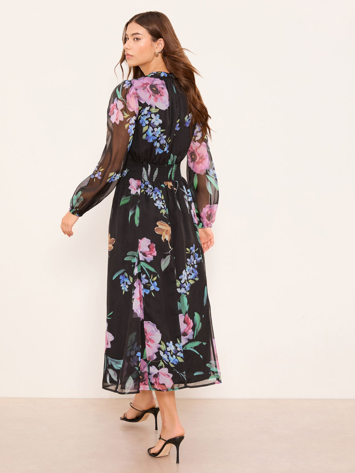 Lipsy London Lipsy Black Long Sleeve Lace Trim Ruched Waist Floral Midi Dress
