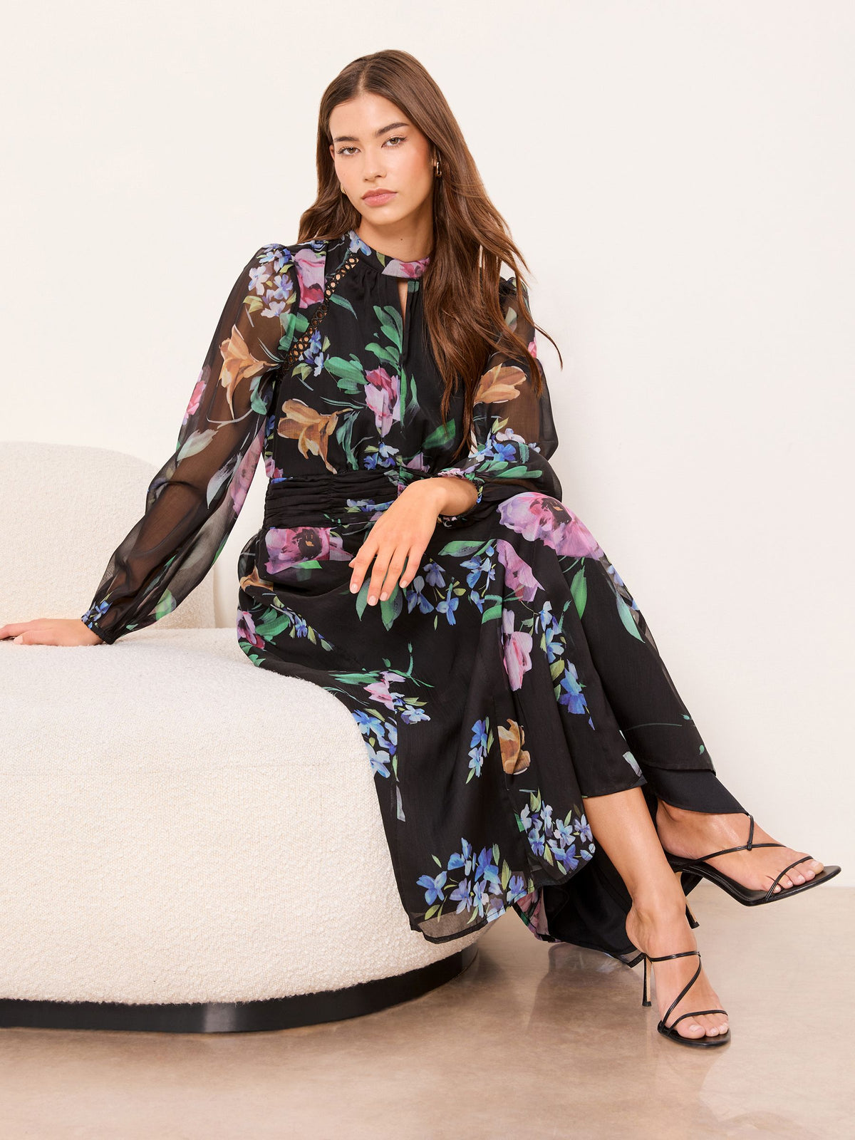 Lipsy London Lipsy Black Long Sleeve Lace Trim Ruched Waist Floral Midi Dress