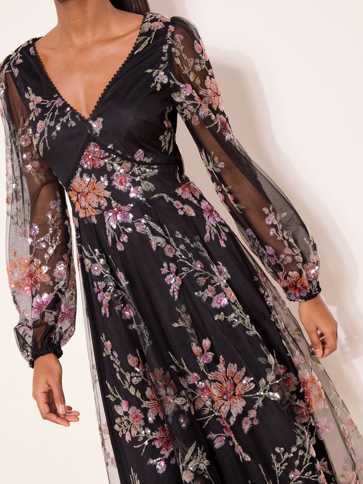 Lipsy London Lipsy Black Premium Floral Sequin Mesh Sleeve Midi Dress