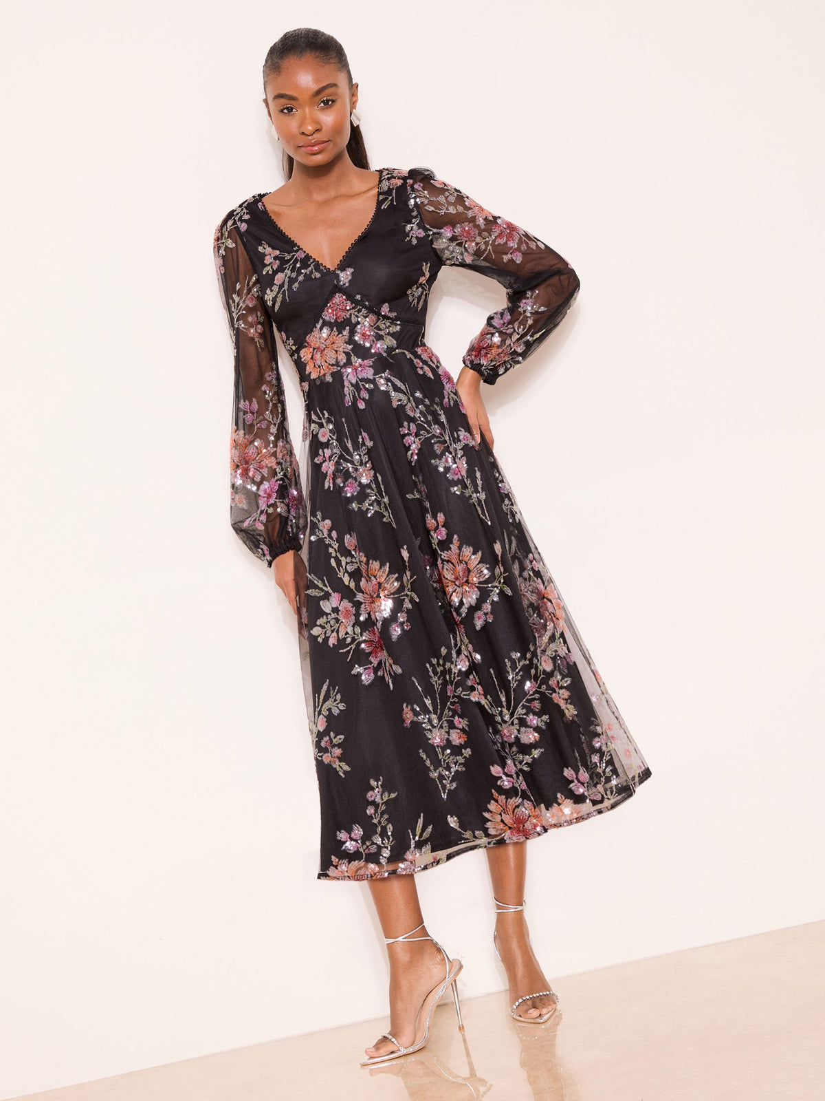 Lipsy London Lipsy Black Premium Floral Sequin Mesh Sleeve Midi Dress
