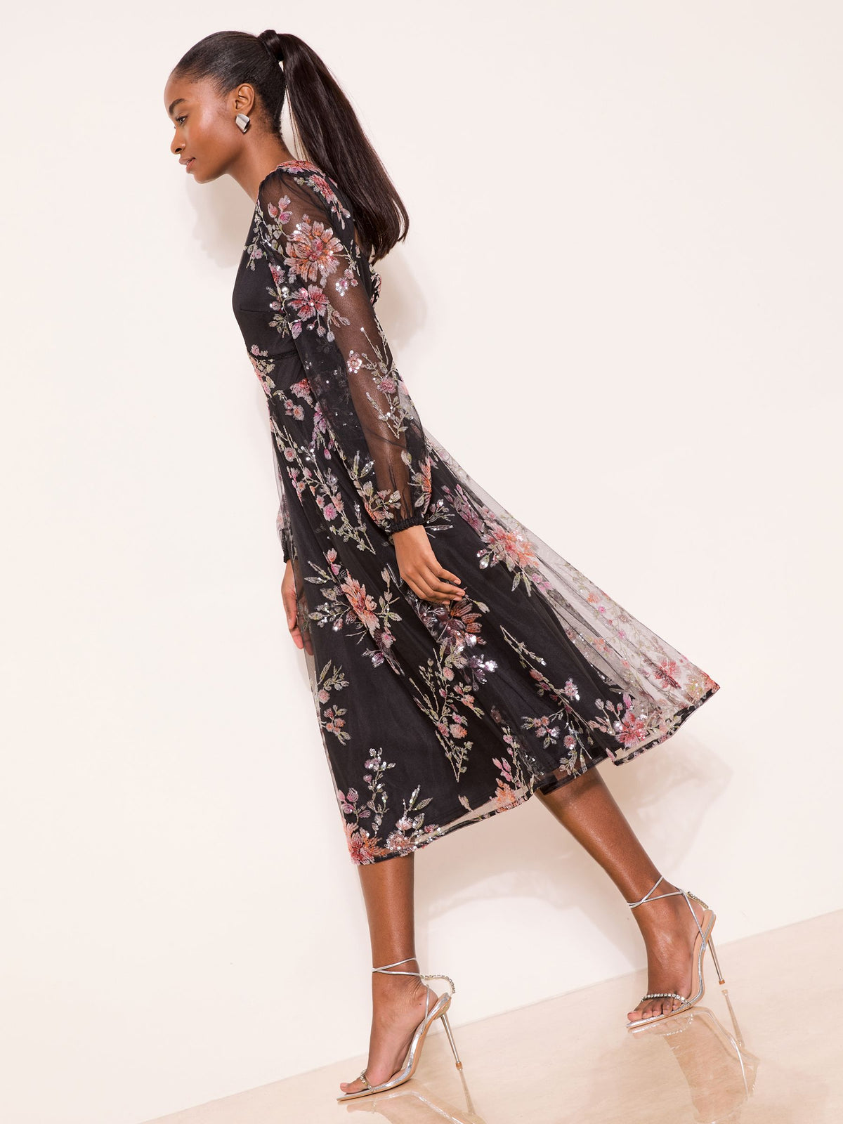 Lipsy London Lipsy Black Premium Floral Sequin Mesh Sleeve Midi Dress