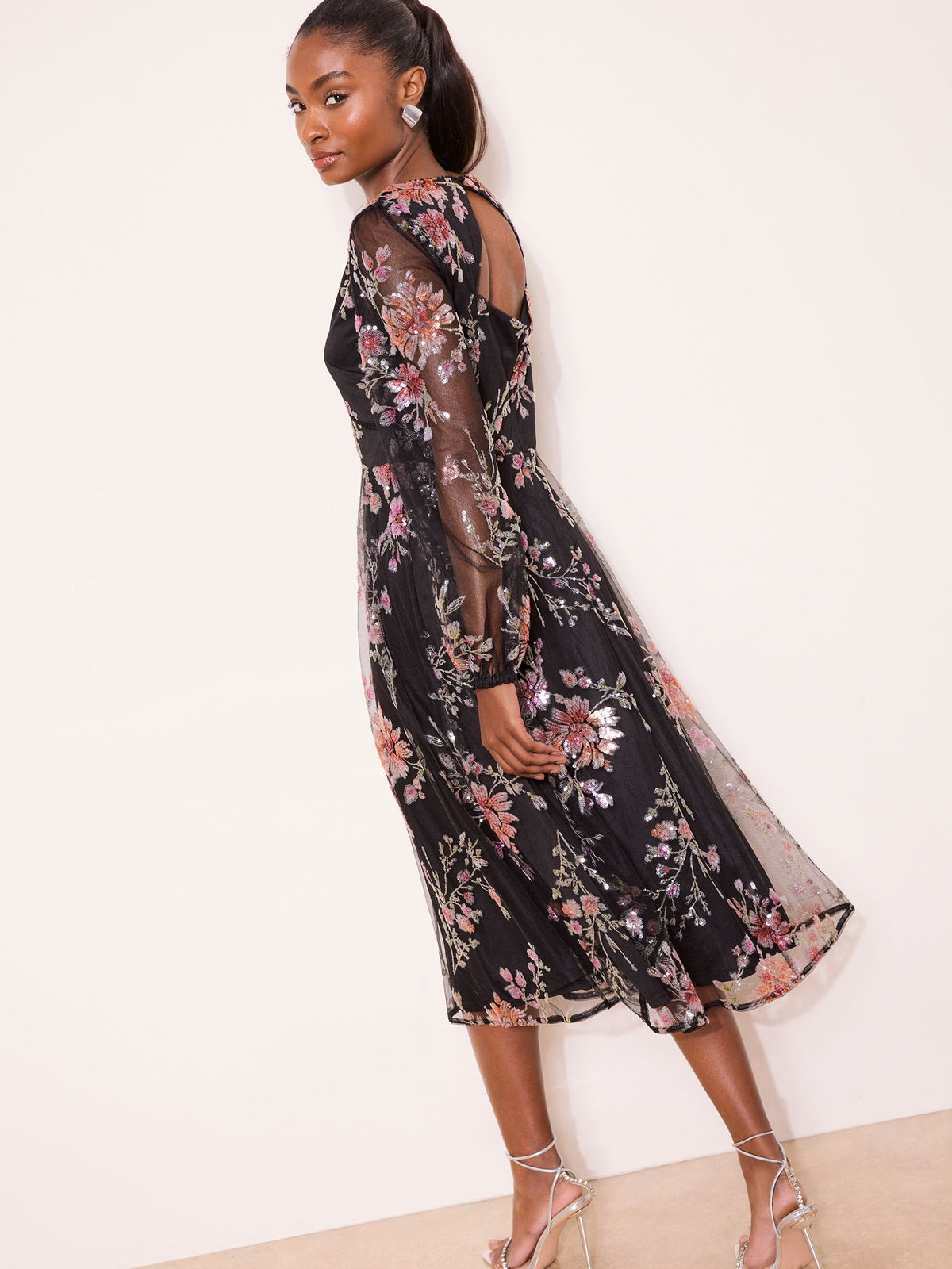 Lipsy London Lipsy Black Premium Floral Sequin Mesh Sleeve Midi Dress