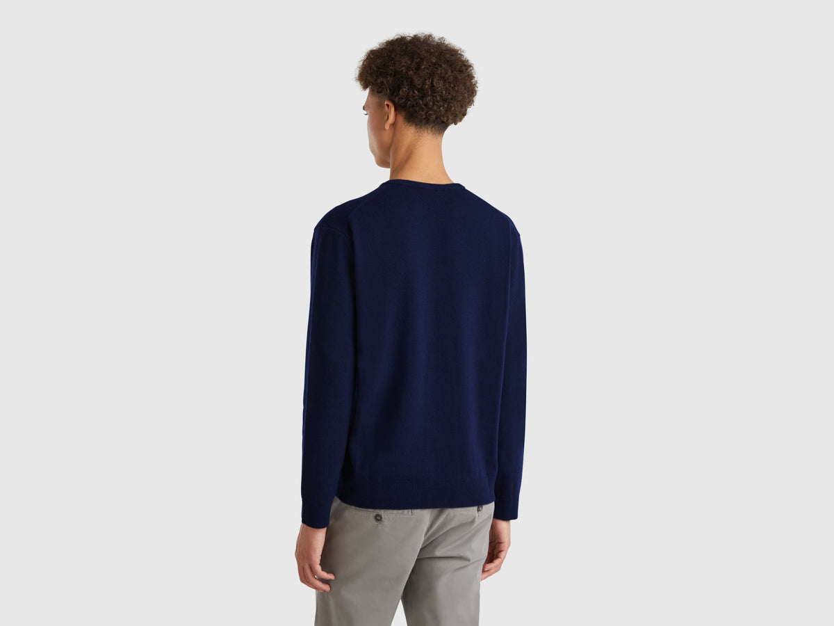 Benetton Dark blue V-neck sweater in pure Merino wool
