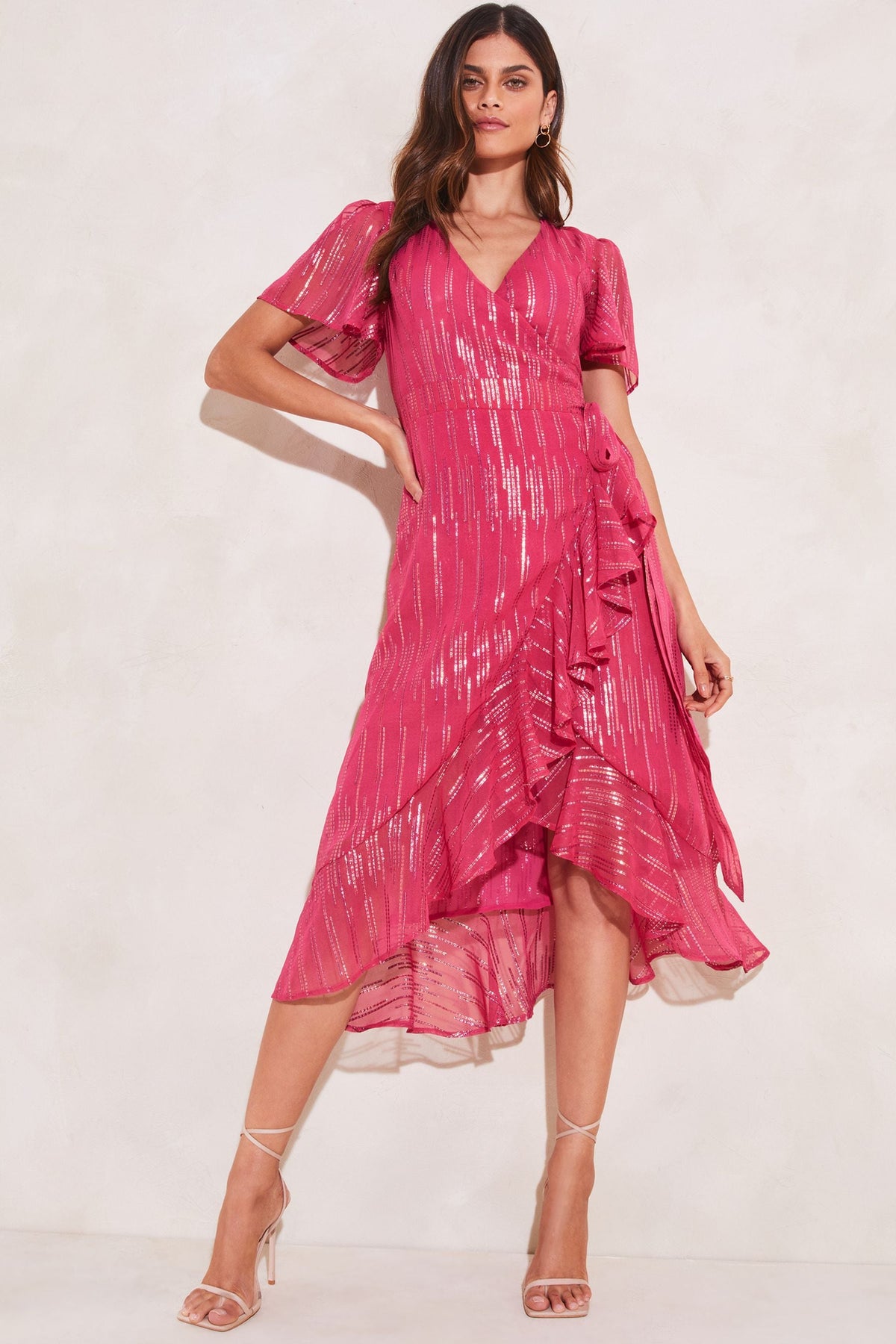 Lipsy London Foil Flutter-Sleeve Wrap Midi Dress