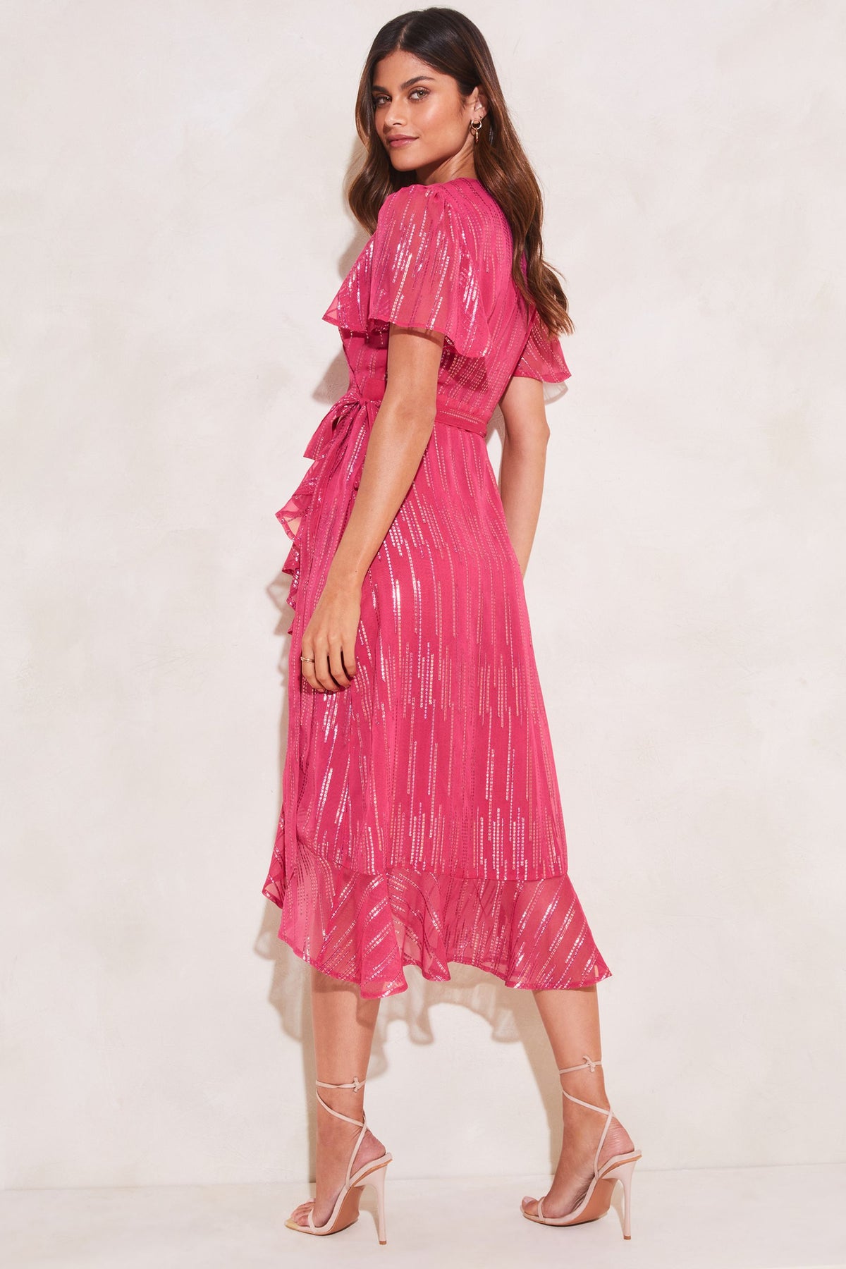 Lipsy London Foil Flutter-Sleeve Wrap Midi Dress