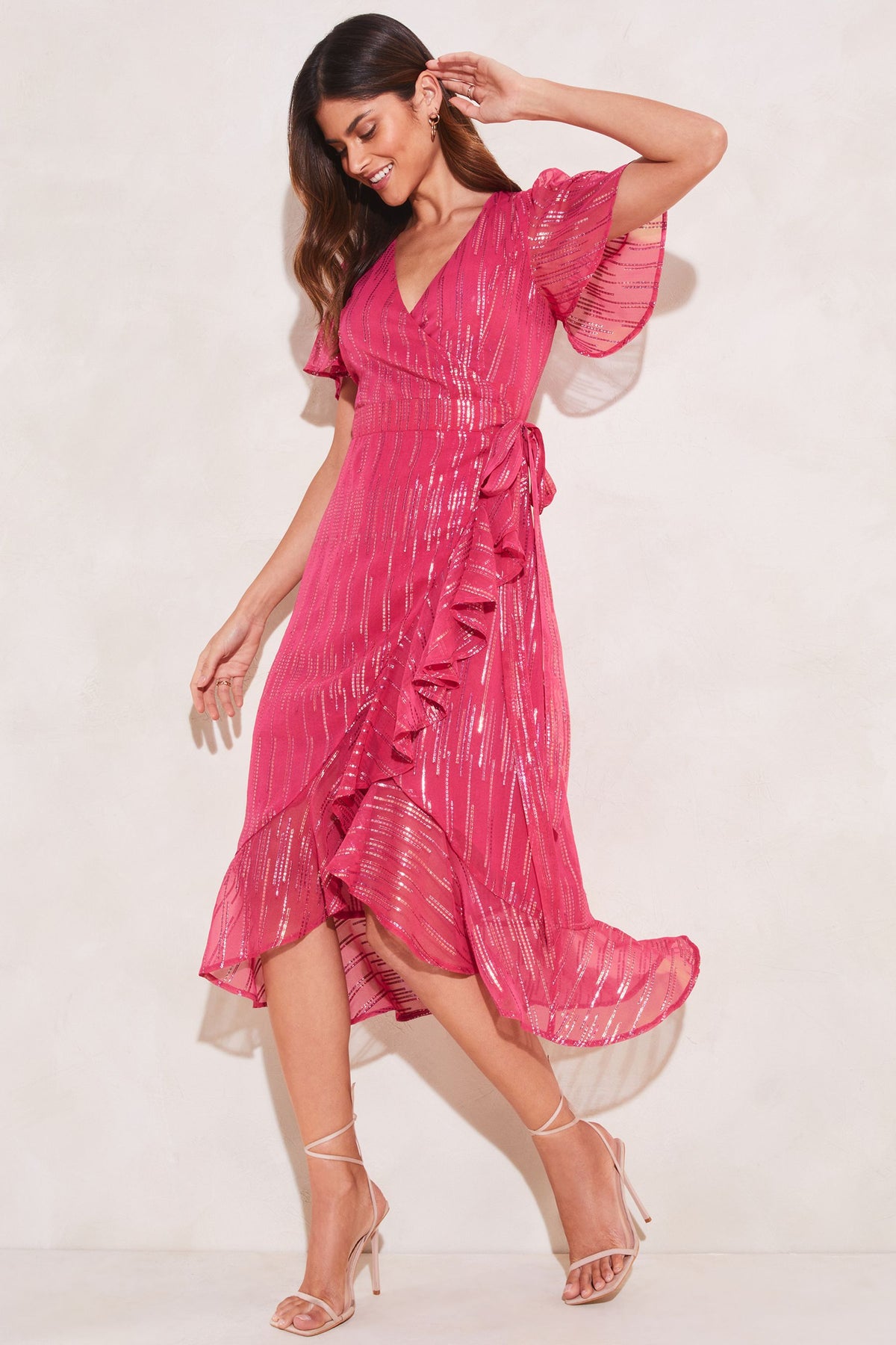 Lipsy London Foil Flutter-Sleeve Wrap Midi Dress
