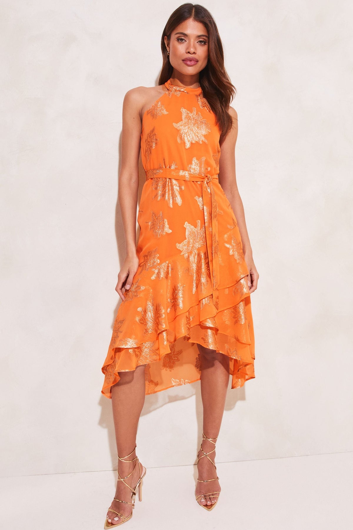 Lipsy London Foil Halter Ruffle Midi Dress