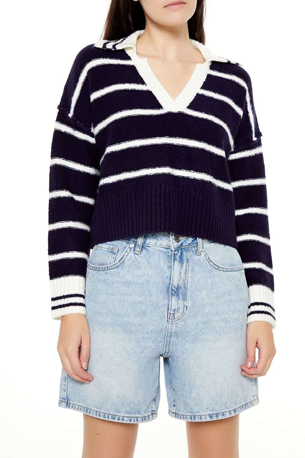 Forever 21 Striped V-Neck Collared Sweater