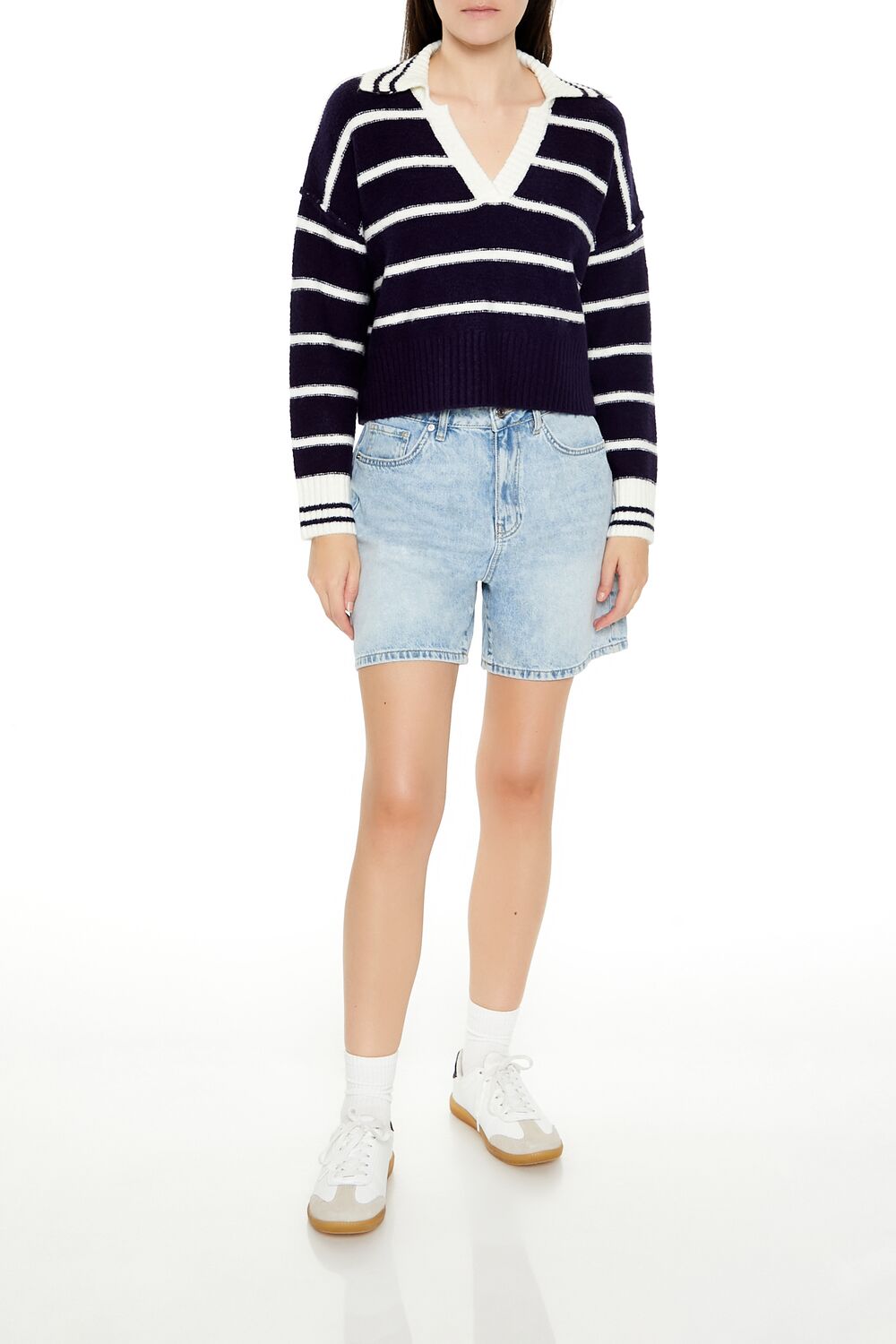 Forever 21 Striped V-Neck Collared Sweater