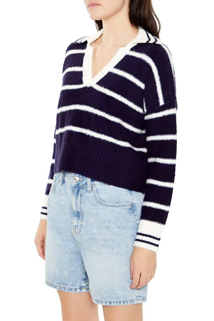Forever 21 Striped V-Neck Collared Sweater