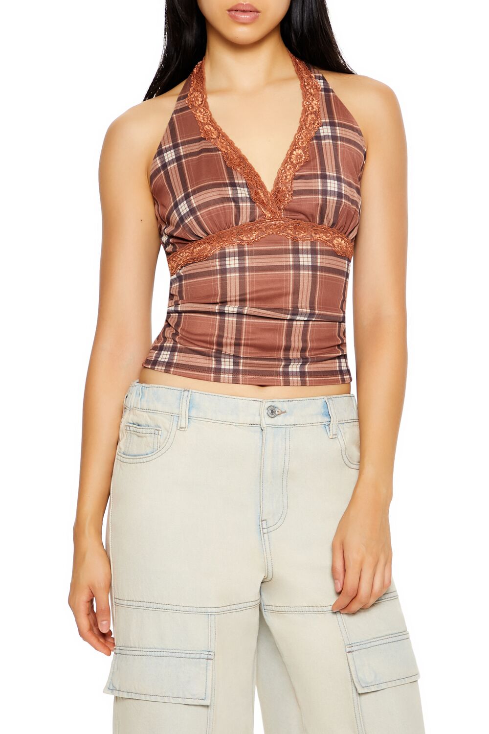 Forever 21 Plaid Lace-Trim Halter Top