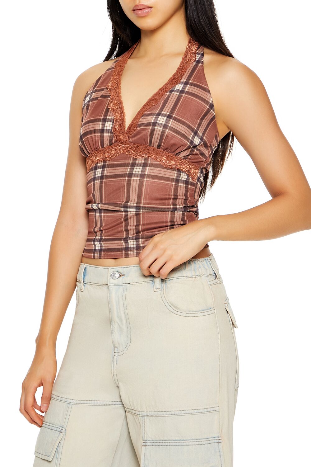 Forever 21 Plaid Lace-Trim Halter Top
