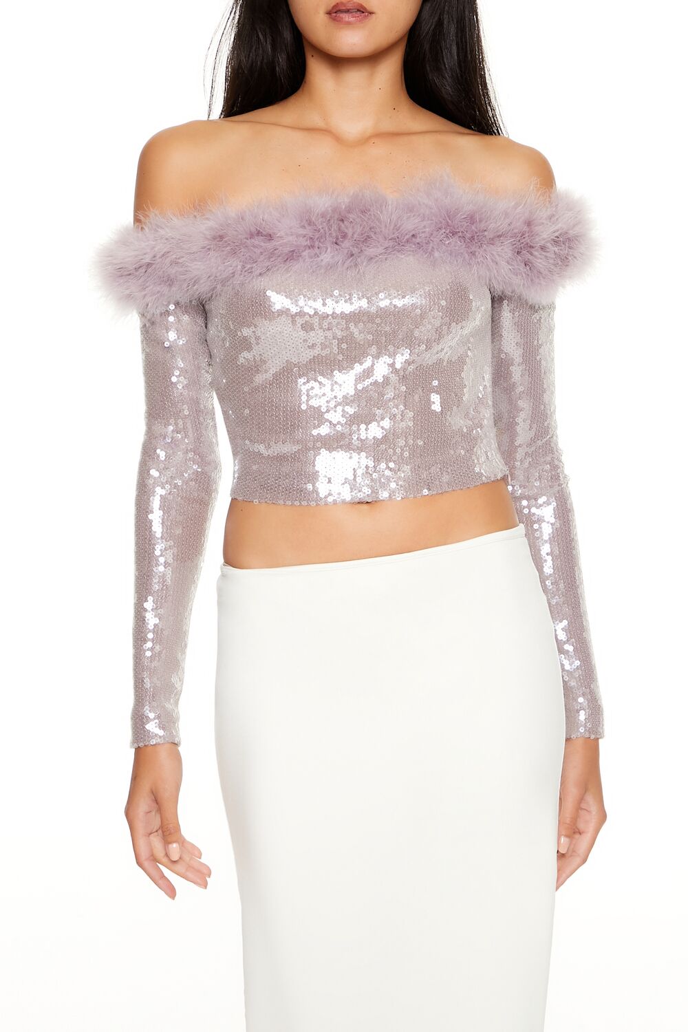 Forever 21 Sequin Feather-Trim Off-Shoulder Top