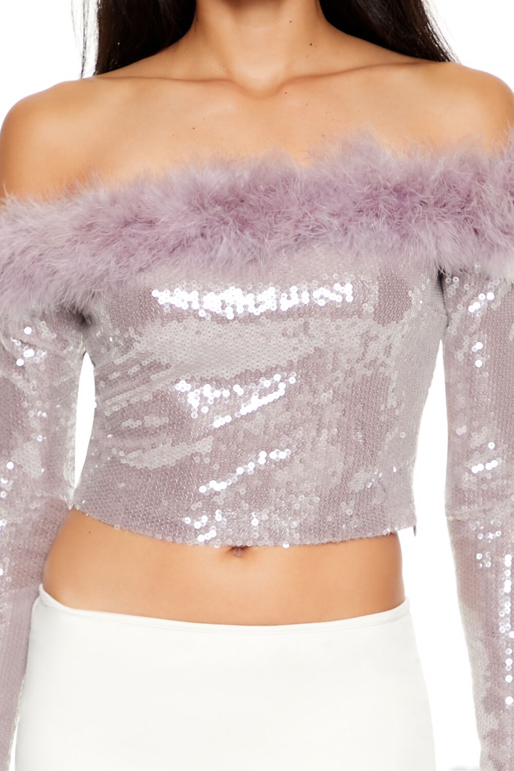 Forever 21 Sequin Feather-Trim Off-Shoulder Top