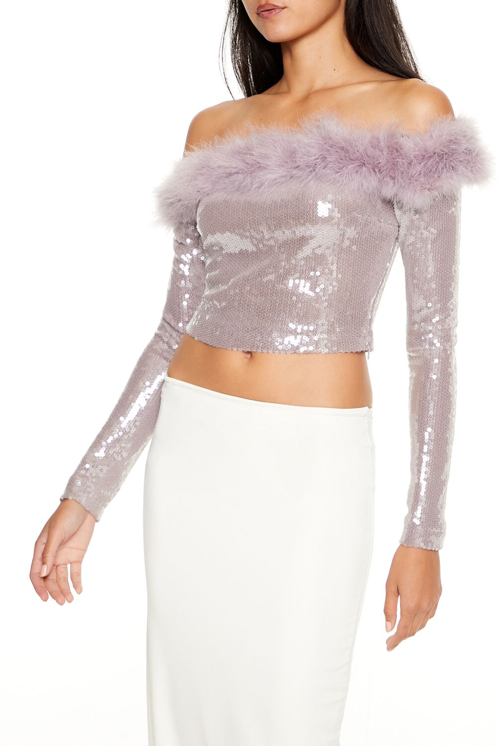 Forever 21 Sequin Feather-Trim Off-Shoulder Top